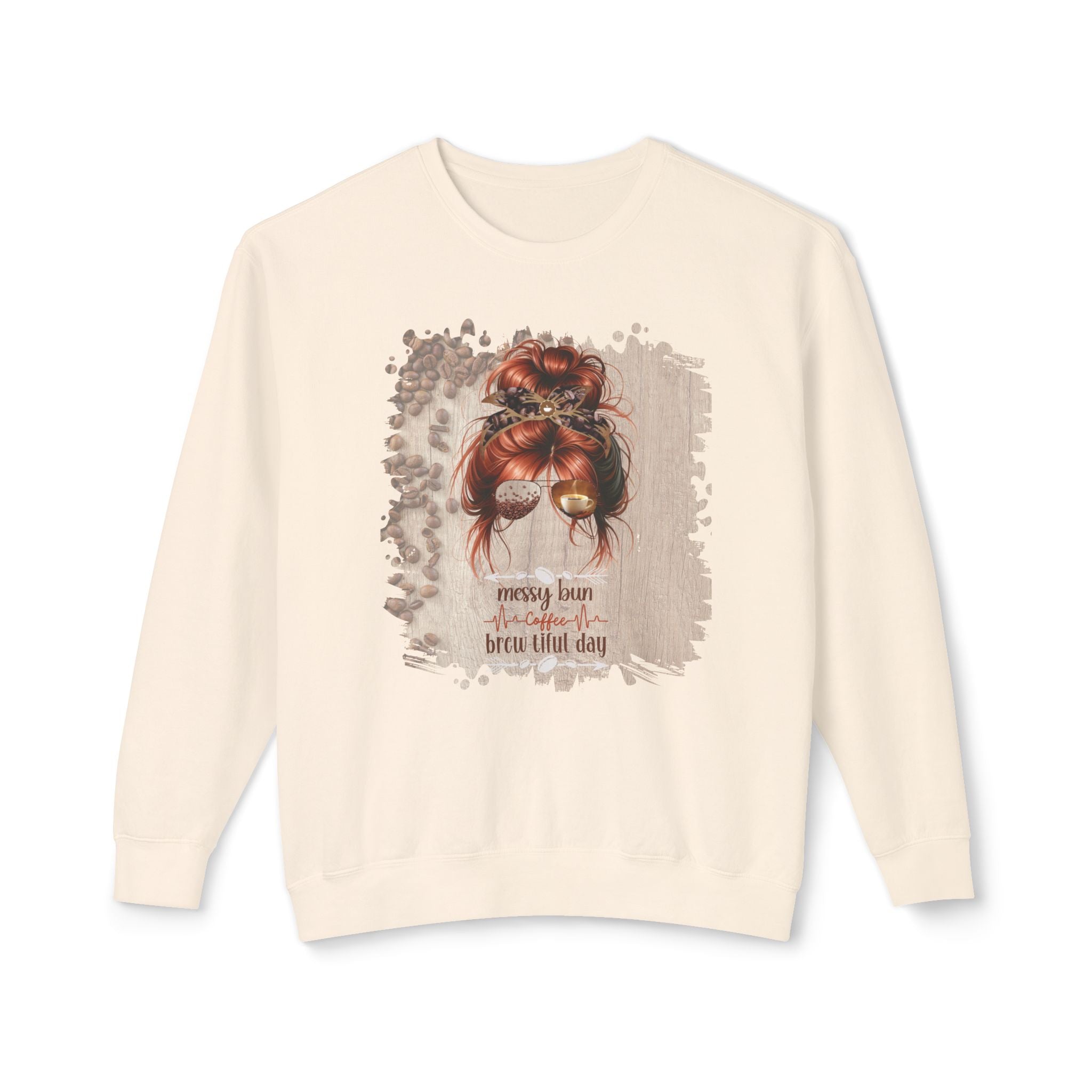 Coffee Heartbeat, Coffee Beans Table, Red Hair Messy Bun, Unisex Lightweight Crewneck Sweatshirt