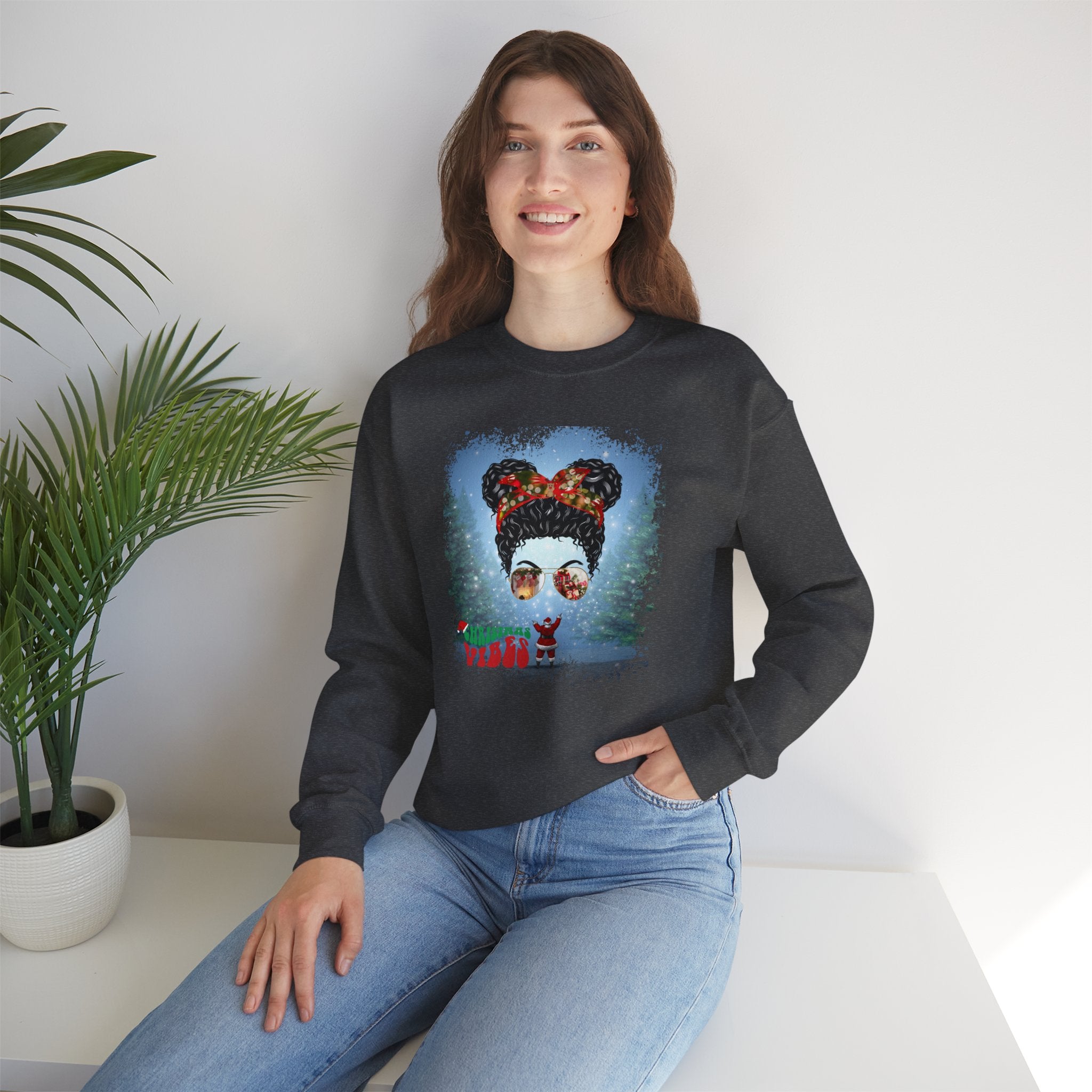 Christmas Vibes Santa, Black Hair Messy Bun, Unisex Heavy Blend™ Crewneck Sweatshirt