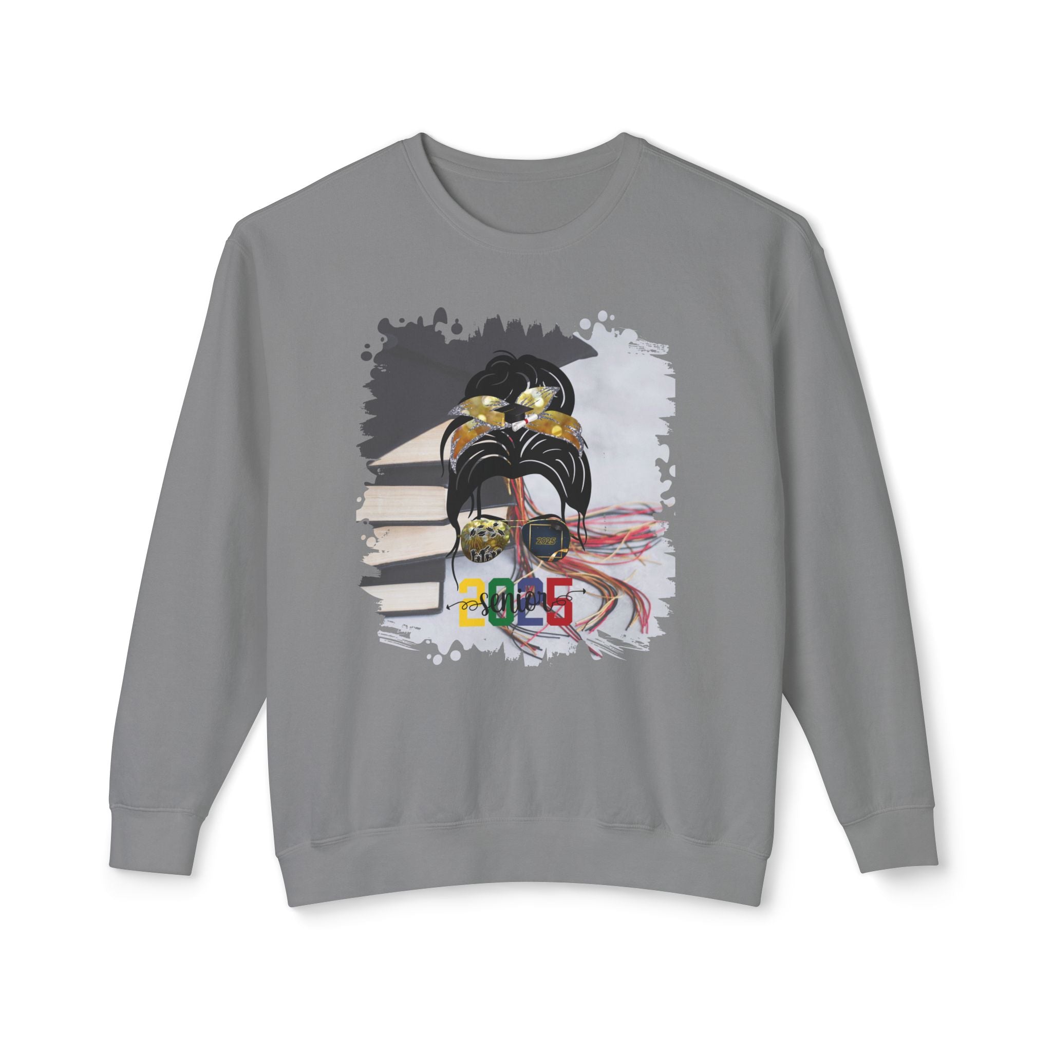 Senior 2025 Colorful, Cap & Books, Dark Hair Messy Bun, Unisex Lightweight Crewneck Sweatshirt