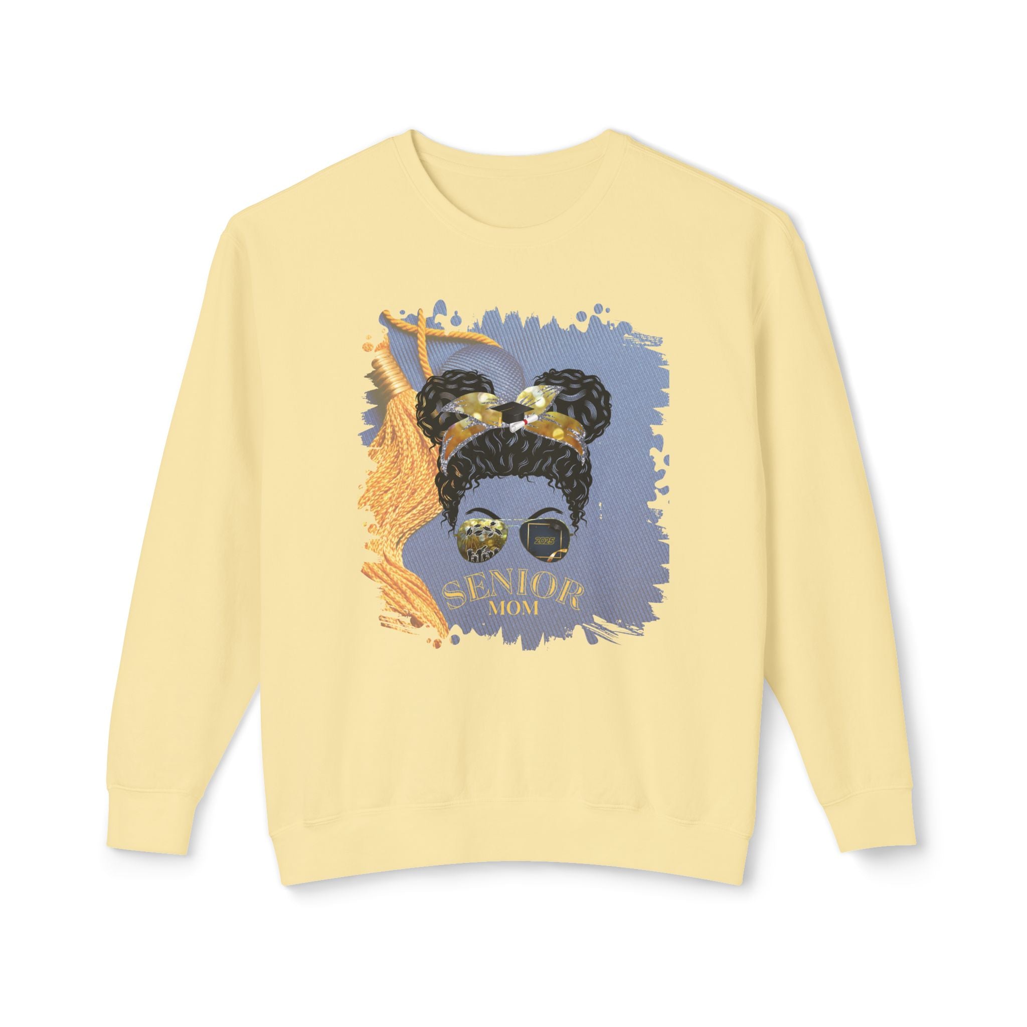 Senior Mom, Graduation Cap, Black Hair Messy Bun, Unisex Lightweight Crewneck Sweatshirt