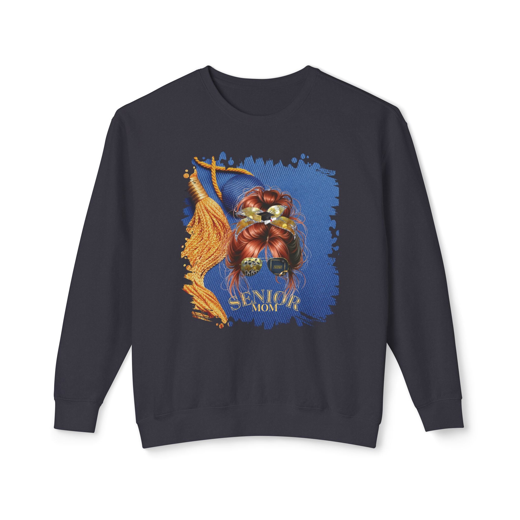 Senior Mom, Graduation Cap, Red Hair Messy Bun, Unisex Lightweight Crewneck Sweatshirt