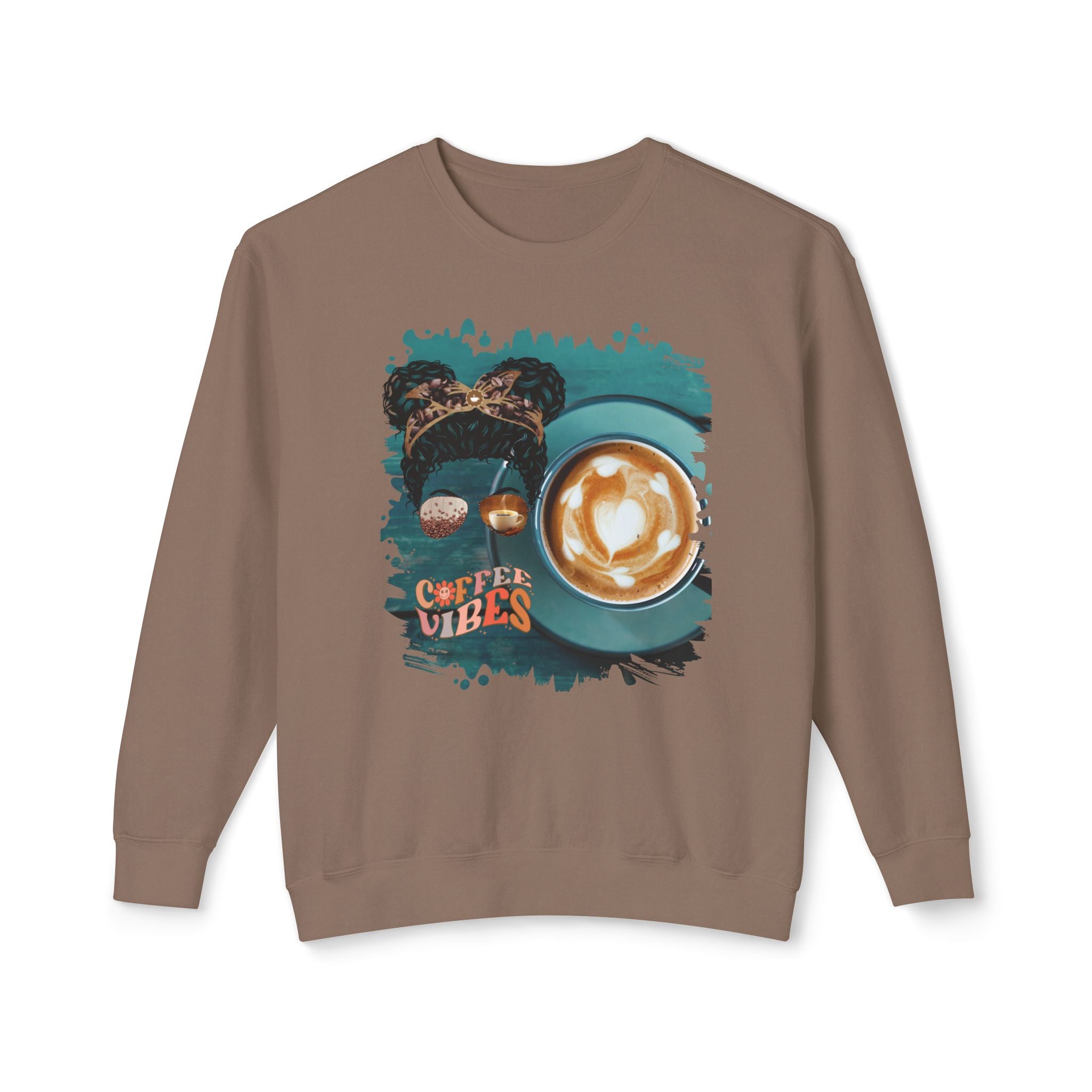 Coffee Vibes, Coffee Cup, Black Hair Messy Bun, Unisex Lightweight Crewneck Sweatshirt