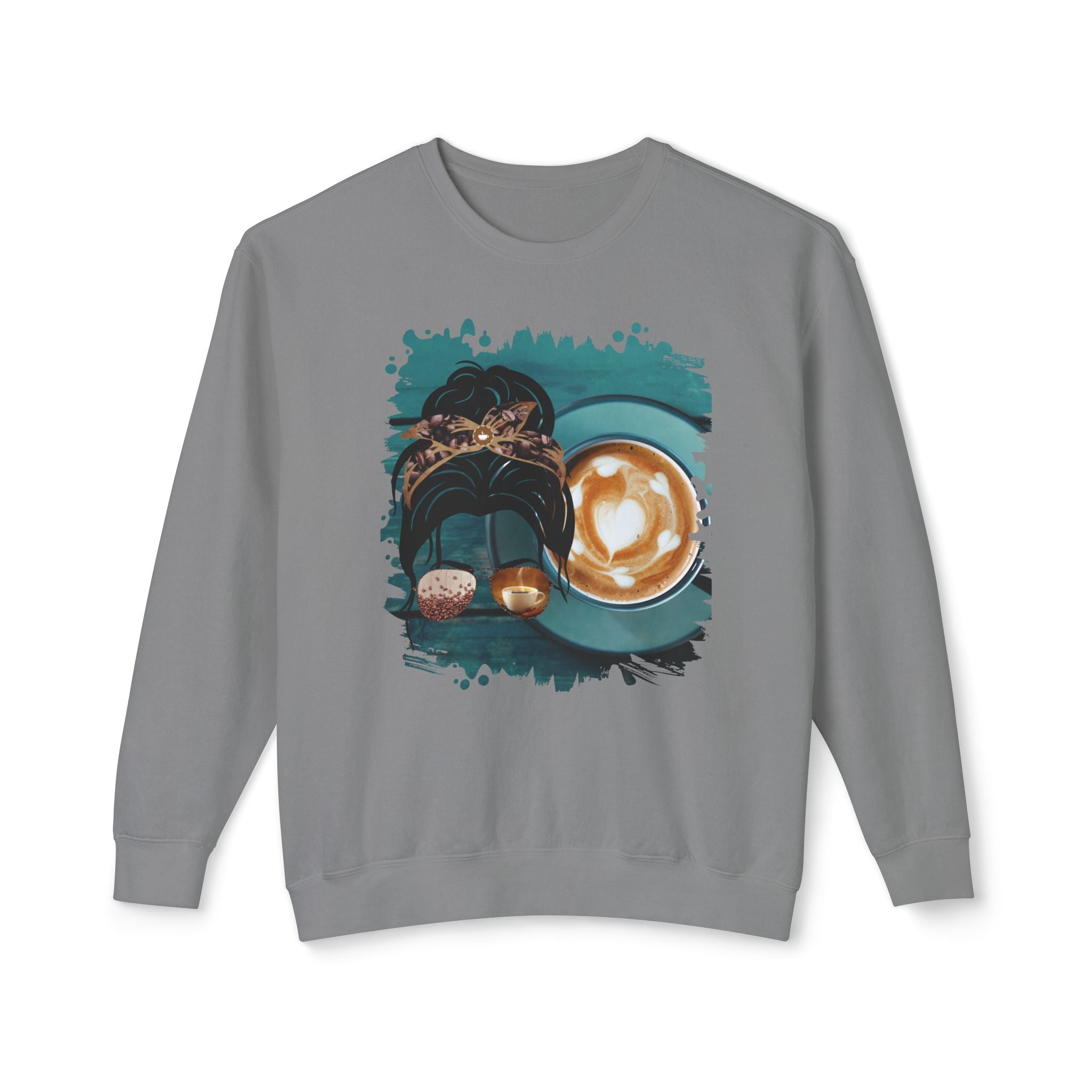 Coffee Cup, Dark Hair Messy Bun, Unisex Lightweight Crewneck Sweatshirt