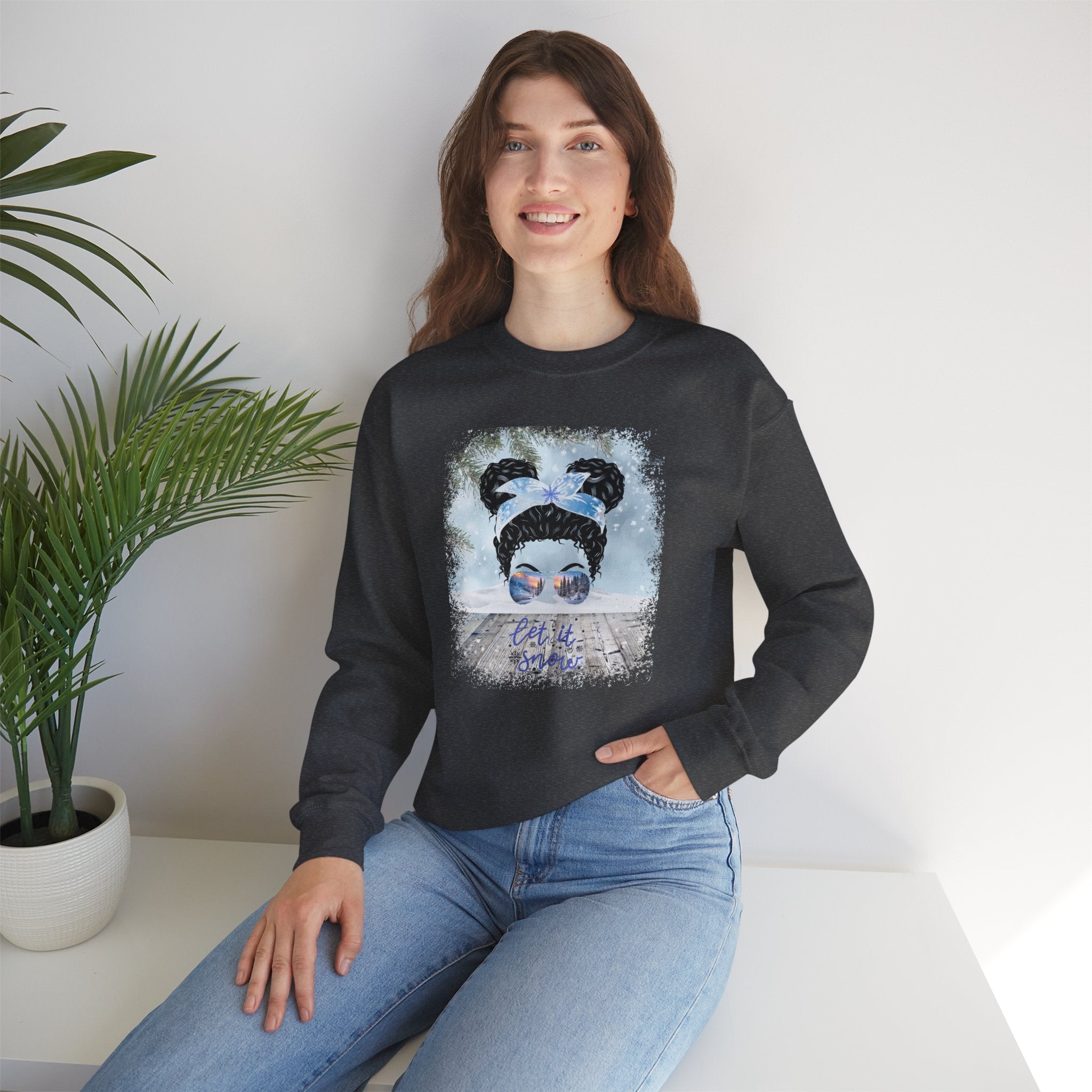 Let it Snow, Snowy Porch, Black Hair Messy Bun, Unisex Heavy Blend™ Crewneck Sweatshirt