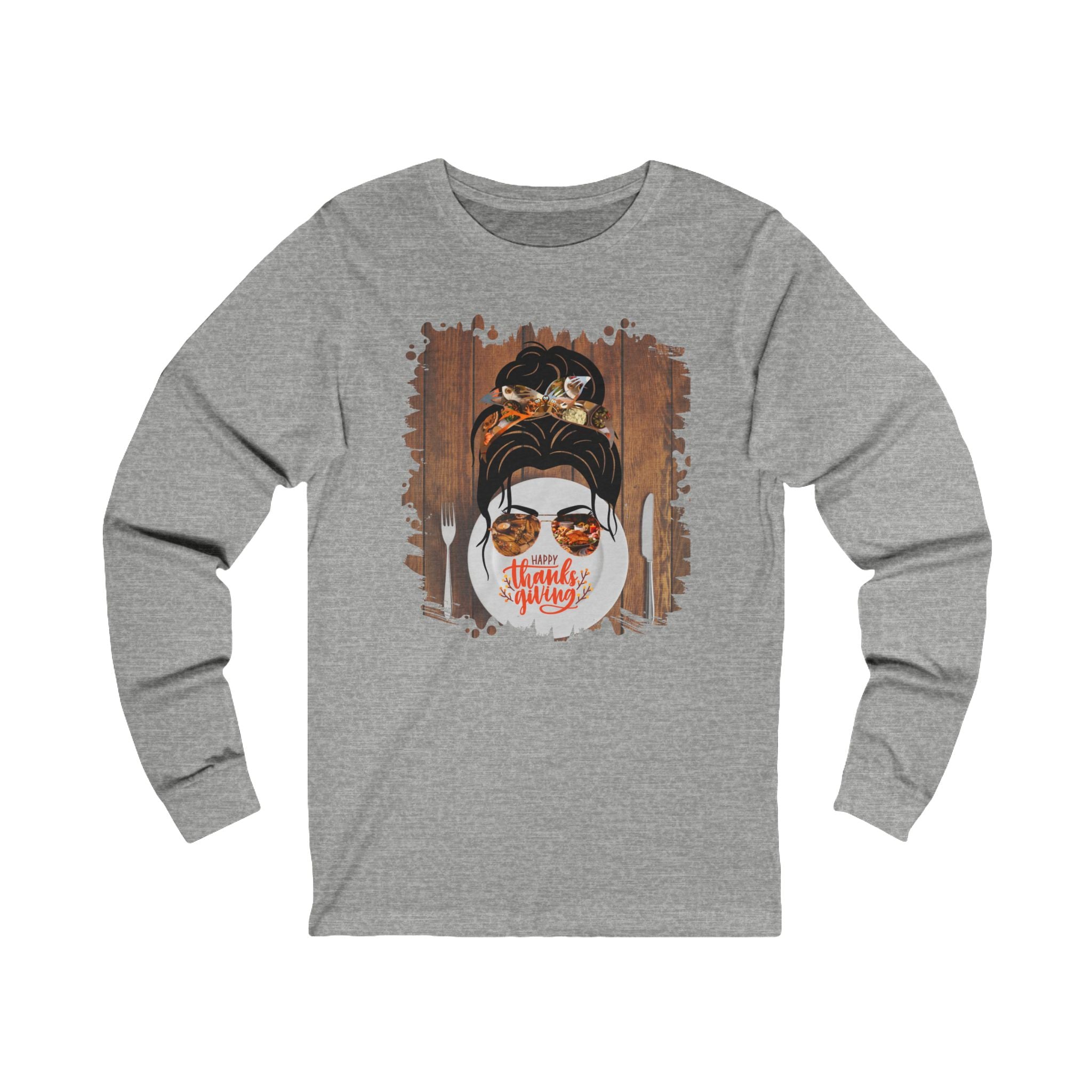 Happy Thanksgiving Plate Setting, Dark Hair Messy Bun, Unisex Jersey Long Sleeve Tee