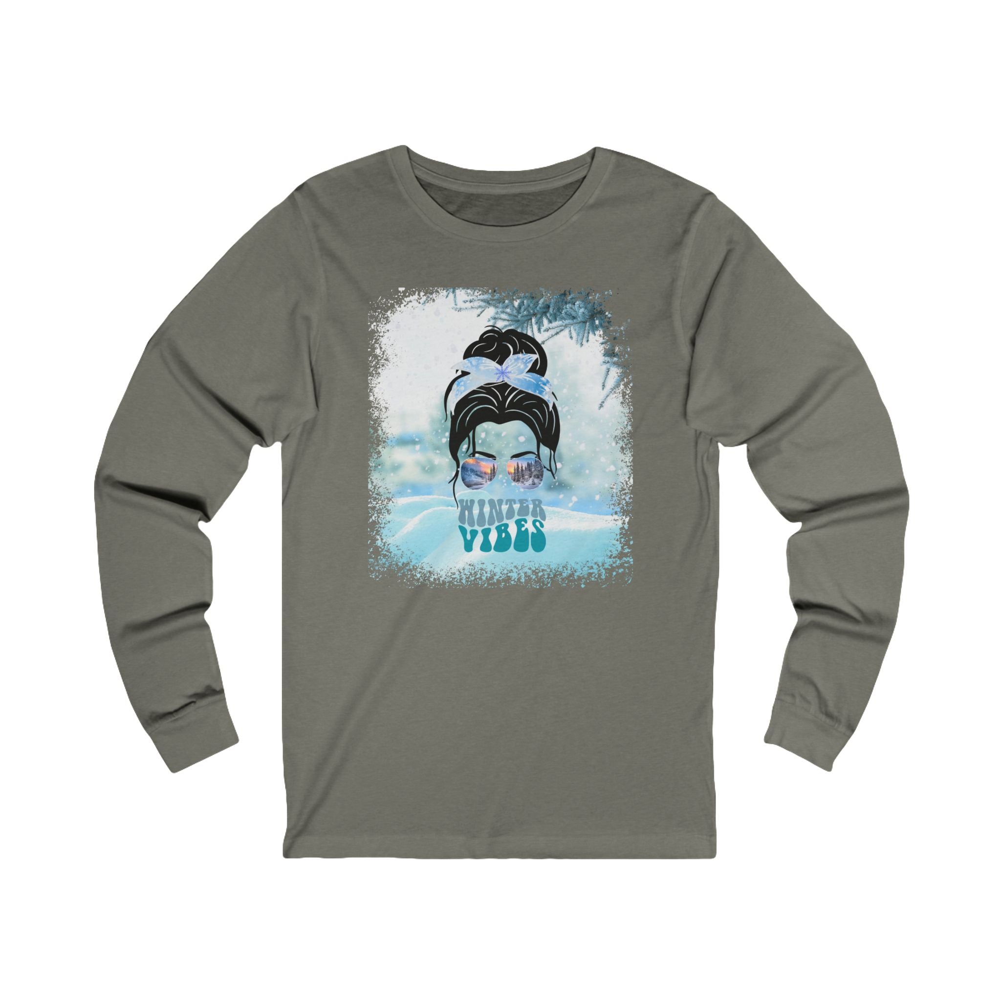 Winter Vibes Snow, Dark Hair Messy Bun, Unisex Jersey Long Sleeve Tee