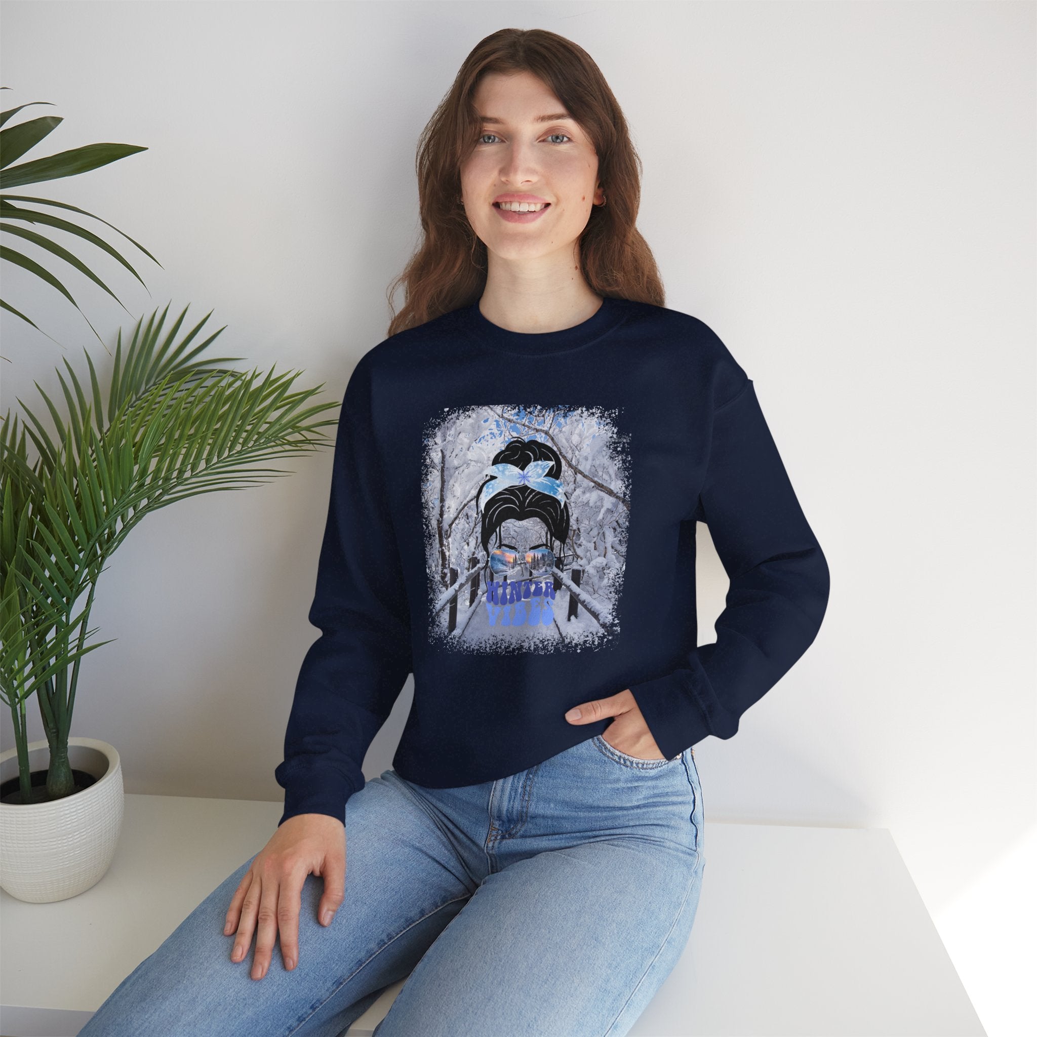 Winter Vibes Winter Hike, Dark Hair Messy Bun, Unisex Heavy Blend™ Crewneck Sweatshirt