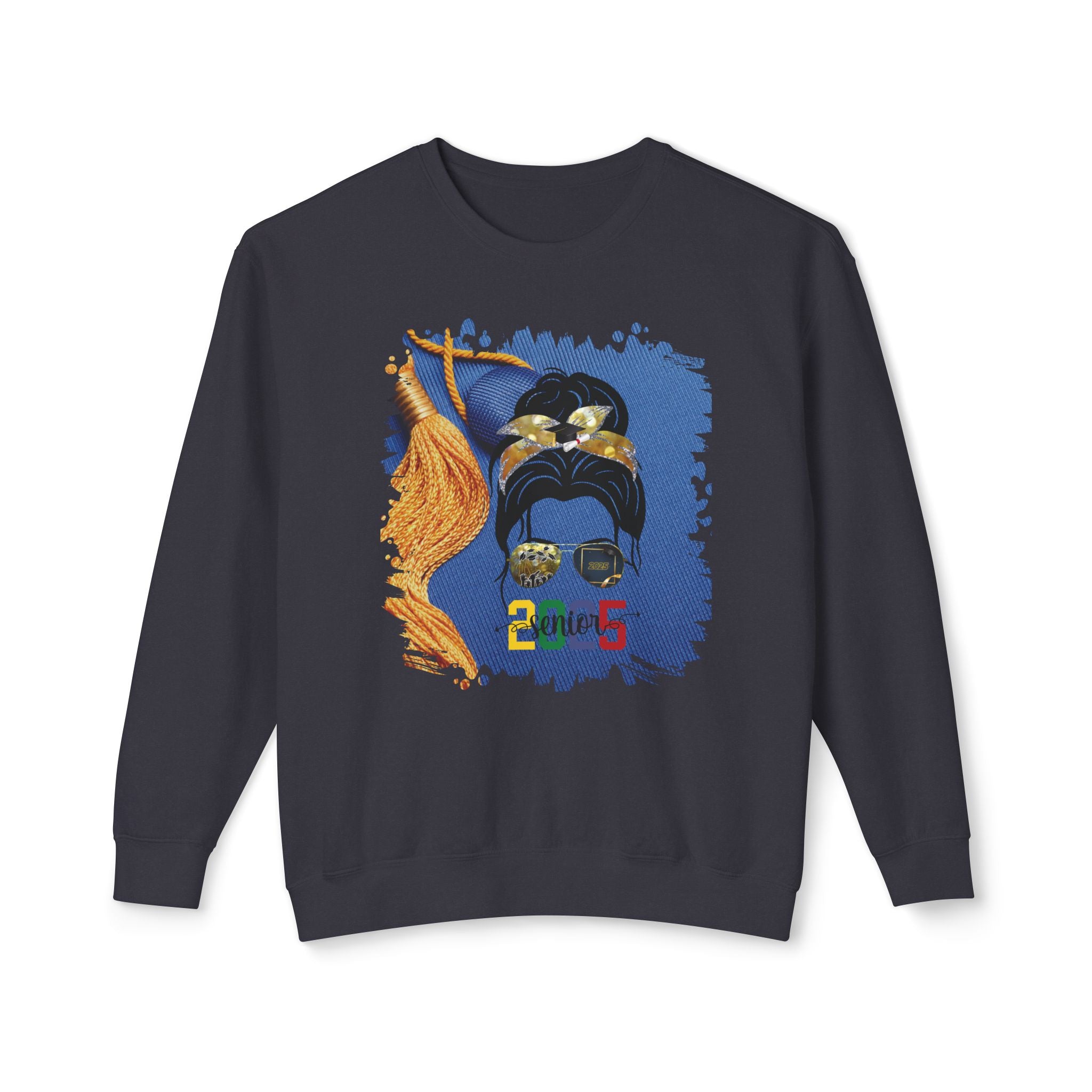 Senior 2025 Colorful, Graduation Cap, Dark Hair Messy Bun, Unisex Lightweight Crewneck Sweatshirt