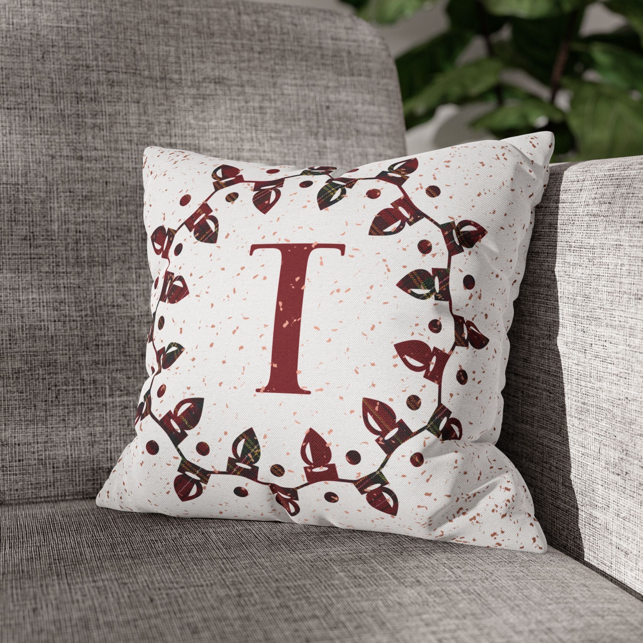 Monogram Christmas Lights, Personalized Monogram, Plaid Red, Throw Pillow Case