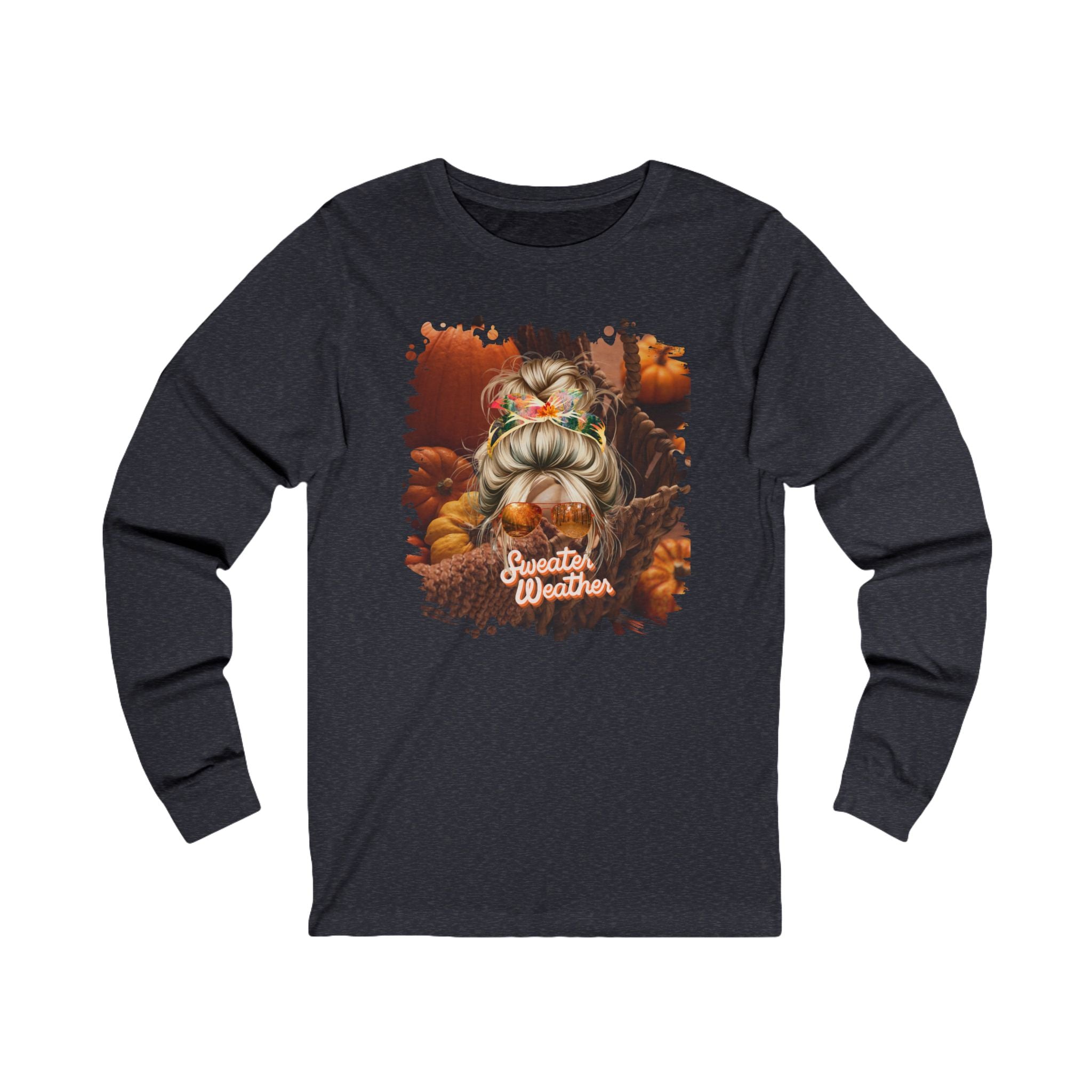 Sweater Weather Fall Pumpkins, Blond Hair Messy Bun, Unisex Jersey Long Sleeve Tee