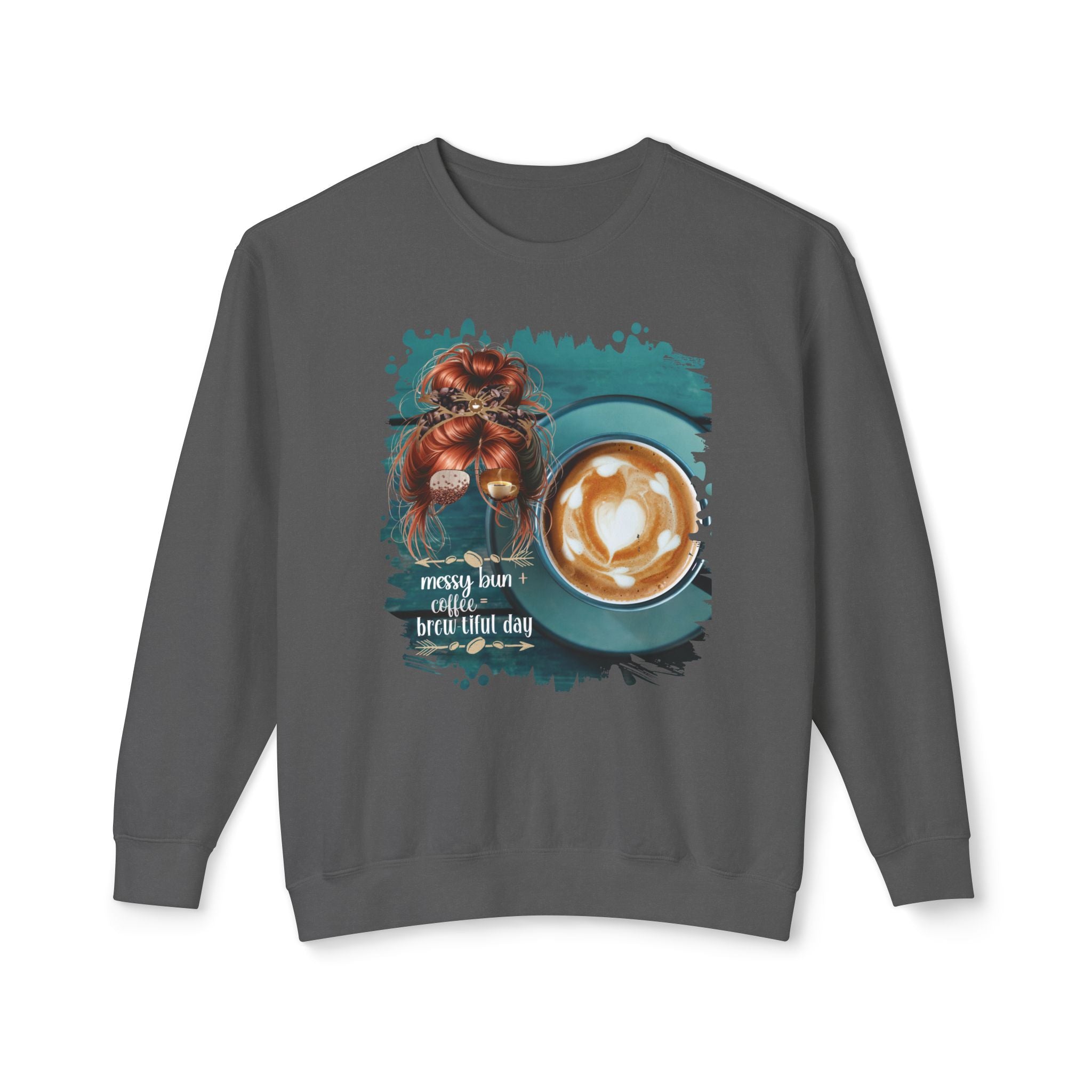 Messy Bun plus Coffee, Coffee Cup, Red Hair Messy Bun, Unisex Lightweight Crewneck Sweatshirt