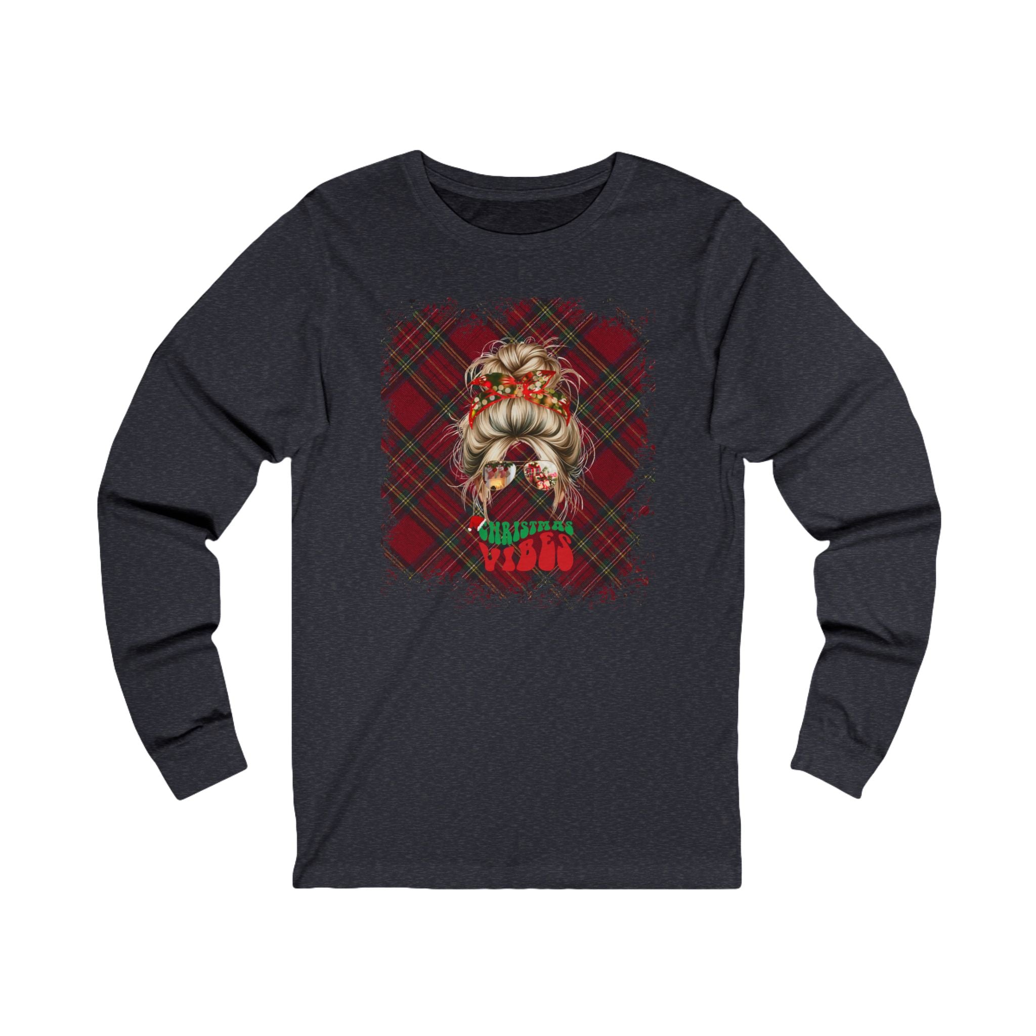 Christmas Vibes Christmas Plaid, Blond Hair Messy Bun, Unisex Jersey Long Sleeve Tee