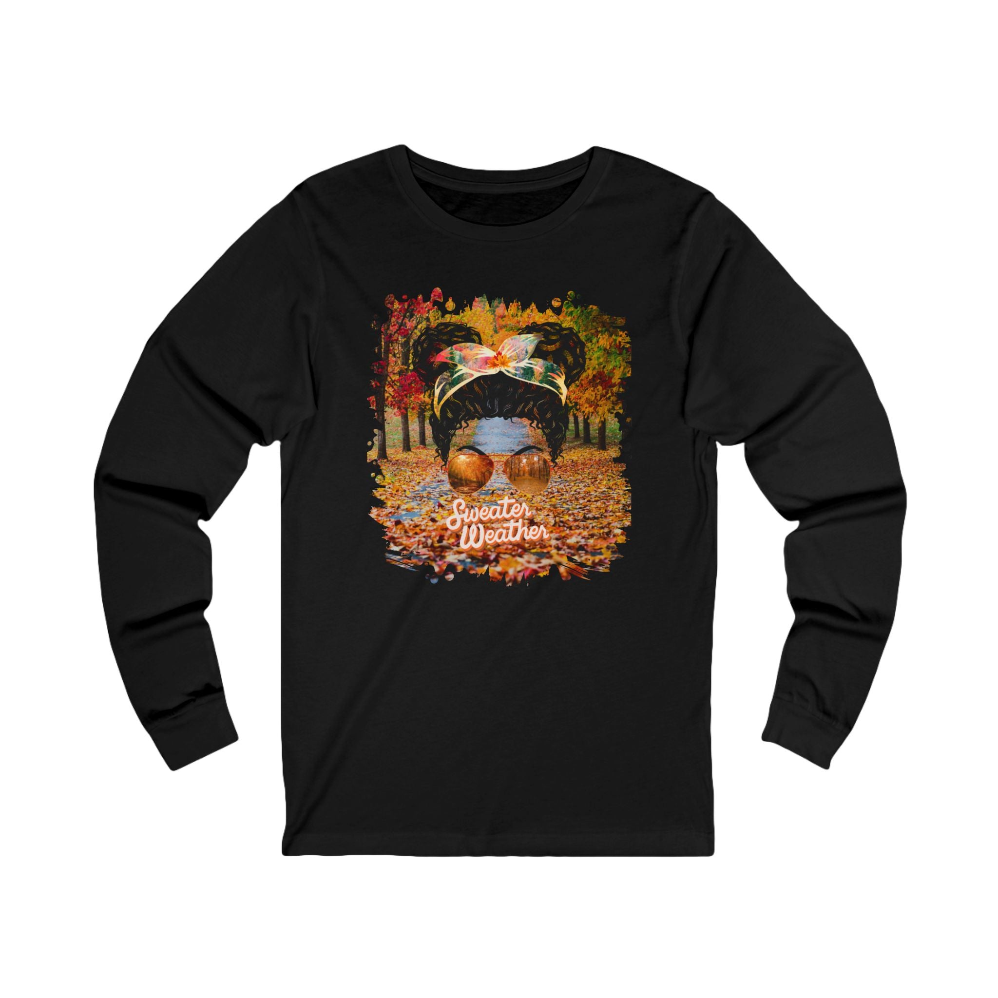 Sweater Weather Fall Trail, Black Hair Messy Bun, Unisex Jersey Long Sleeve Tee