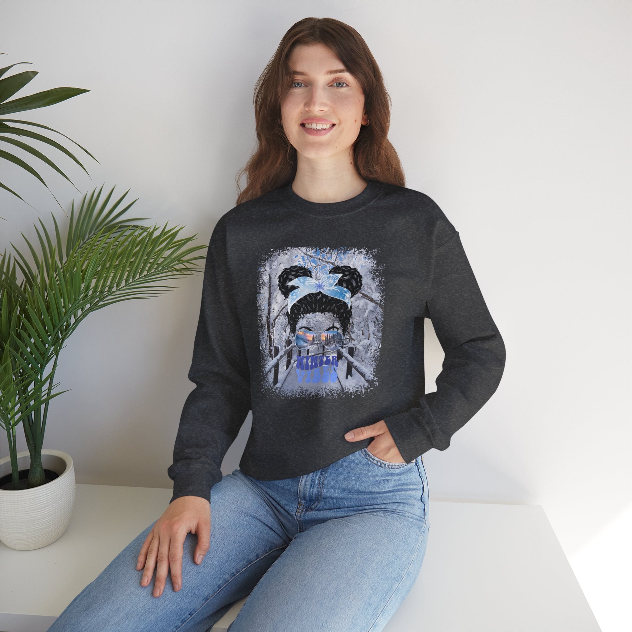 Winter Vibes Winter Hike, Black Hair Messy Bun, Unisex Heavy Blend™ Crewneck Sweatshirt