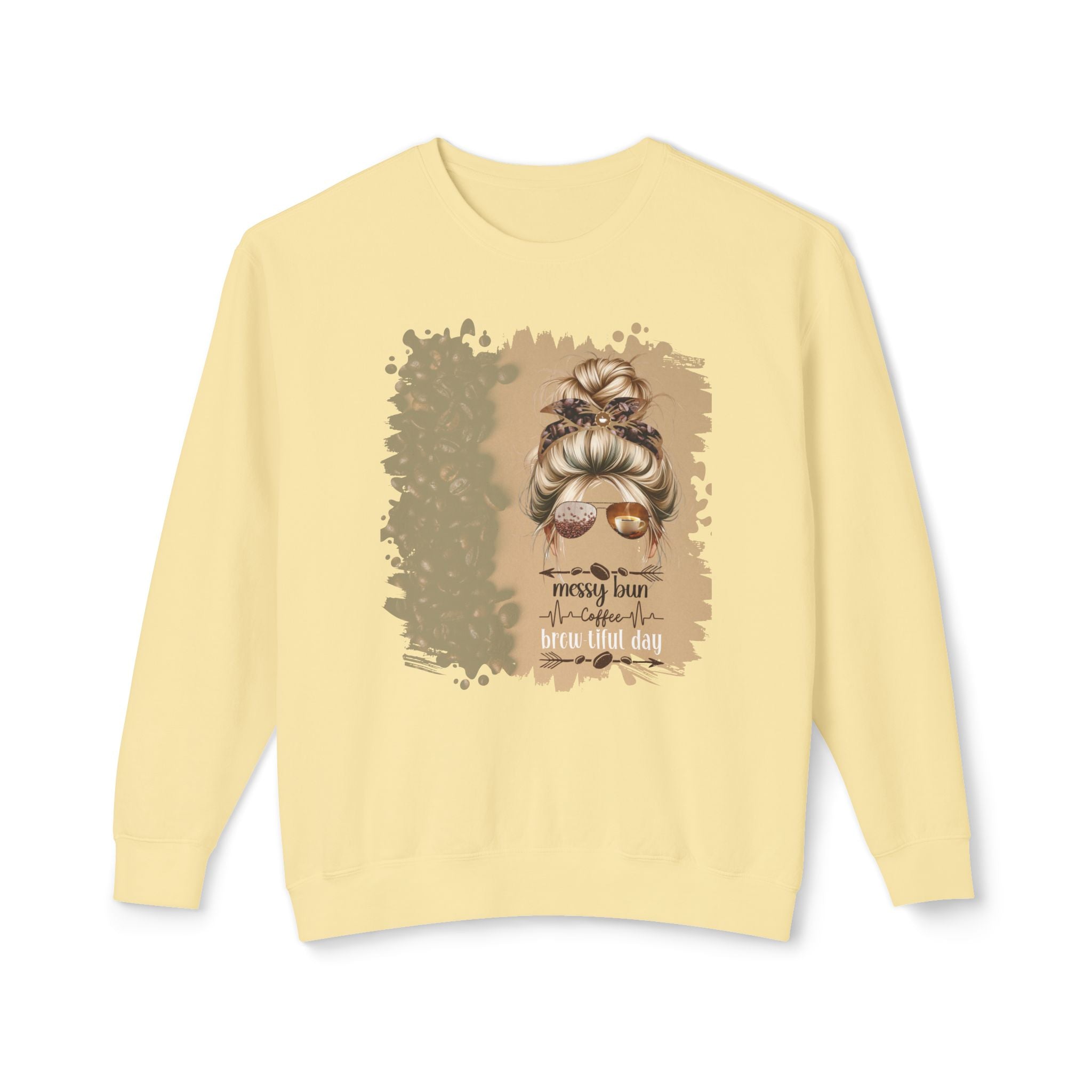 Messy Bun Coffee Heartbeat, Coffee Beans Shade, Blond Hair Messy Bun, Unisex Lightweight Crewneck Sweatshirt