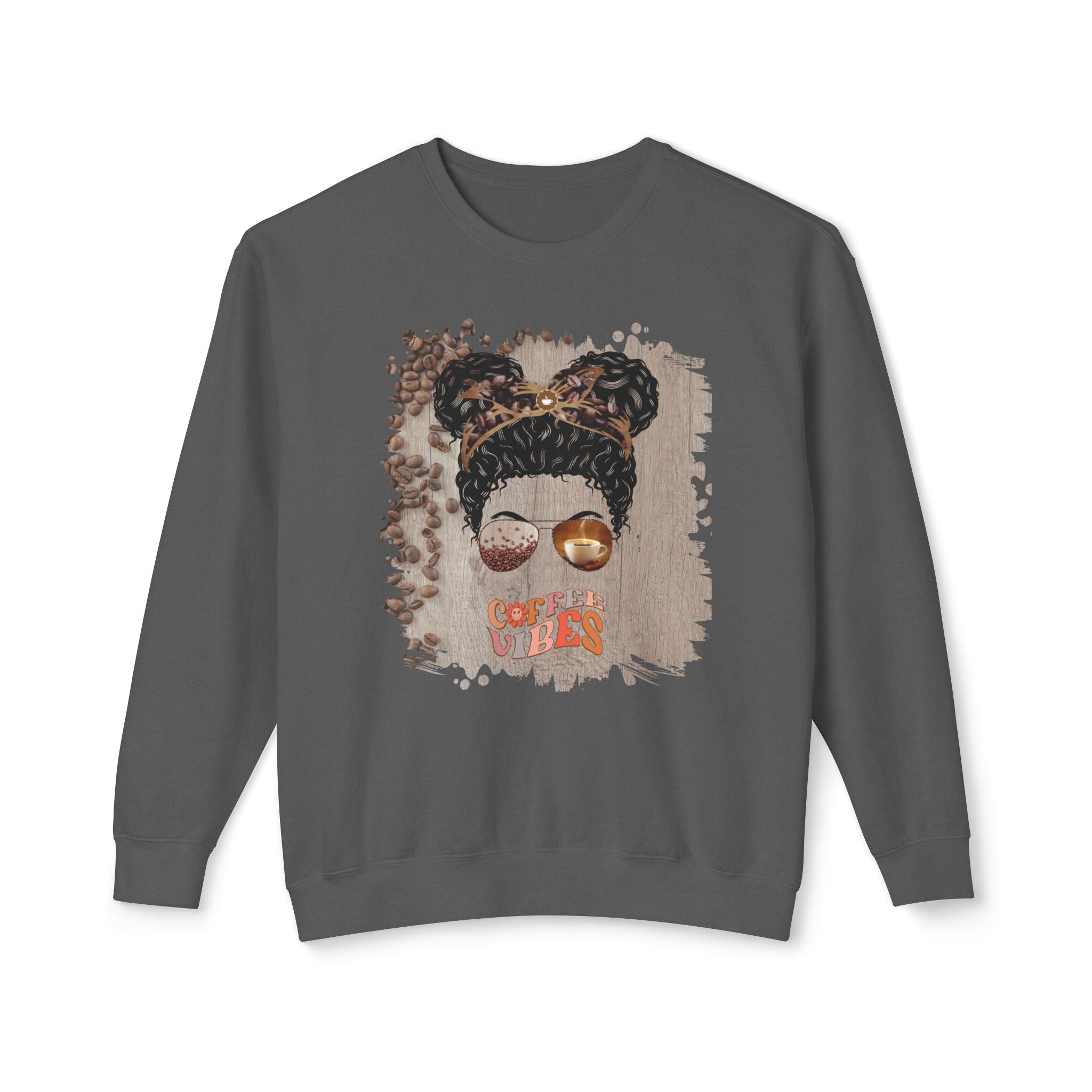 Coffee Vibes, Coffee Beans Table, Black Hair Messy Bun, Unisex Lightweight Crewneck Sweatshirt