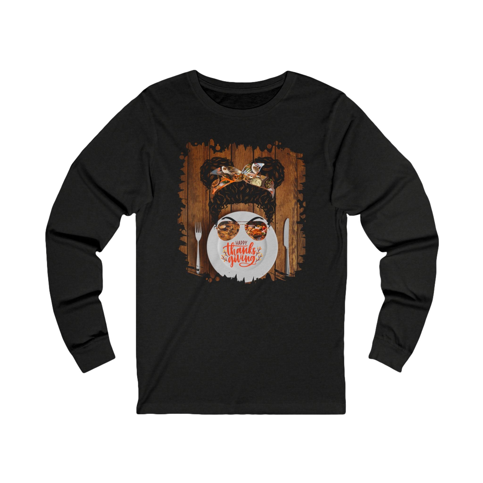 Happy Thanksgiving Plate Setting, Black Hair Messy Bun, Unisex Jersey Long Sleeve Tee