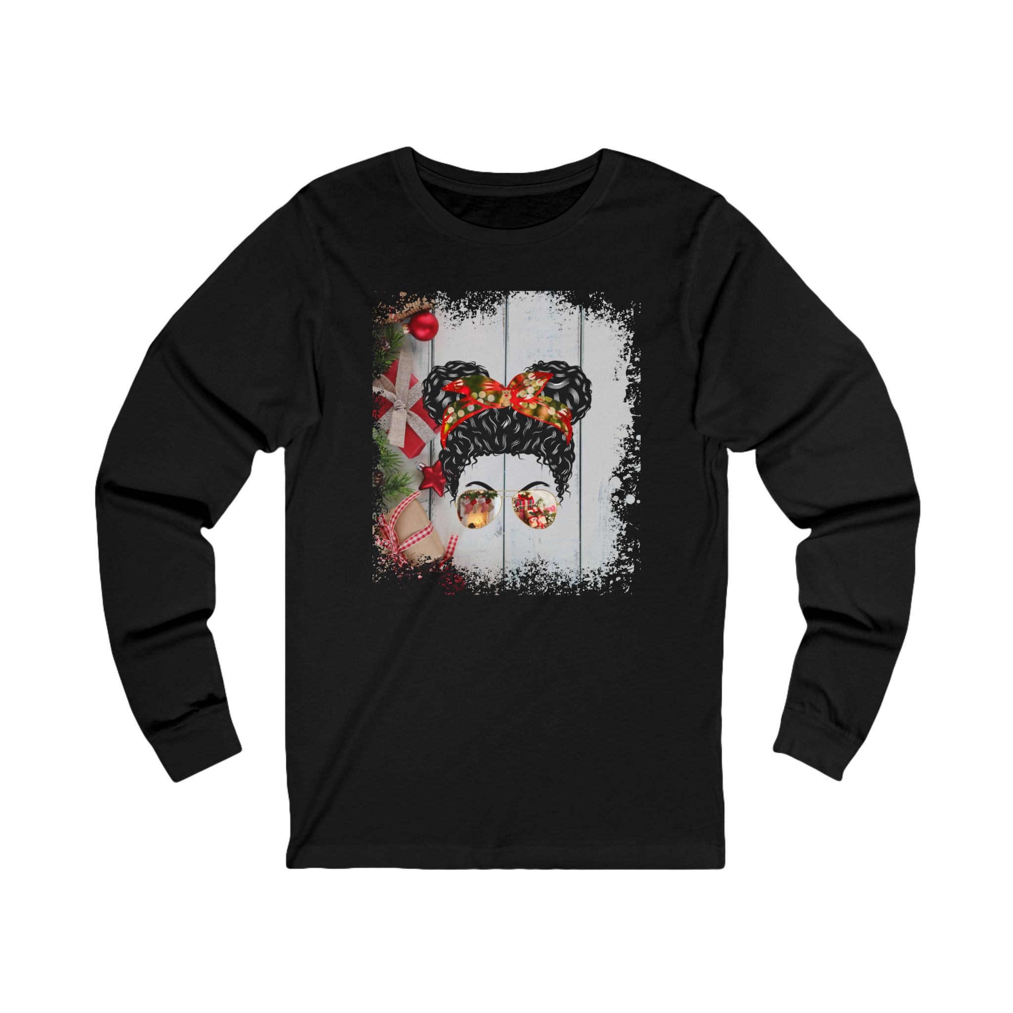 Christmas Presents, Black Hair Messy Bun, Unisex Jersey Long Sleeve Tee