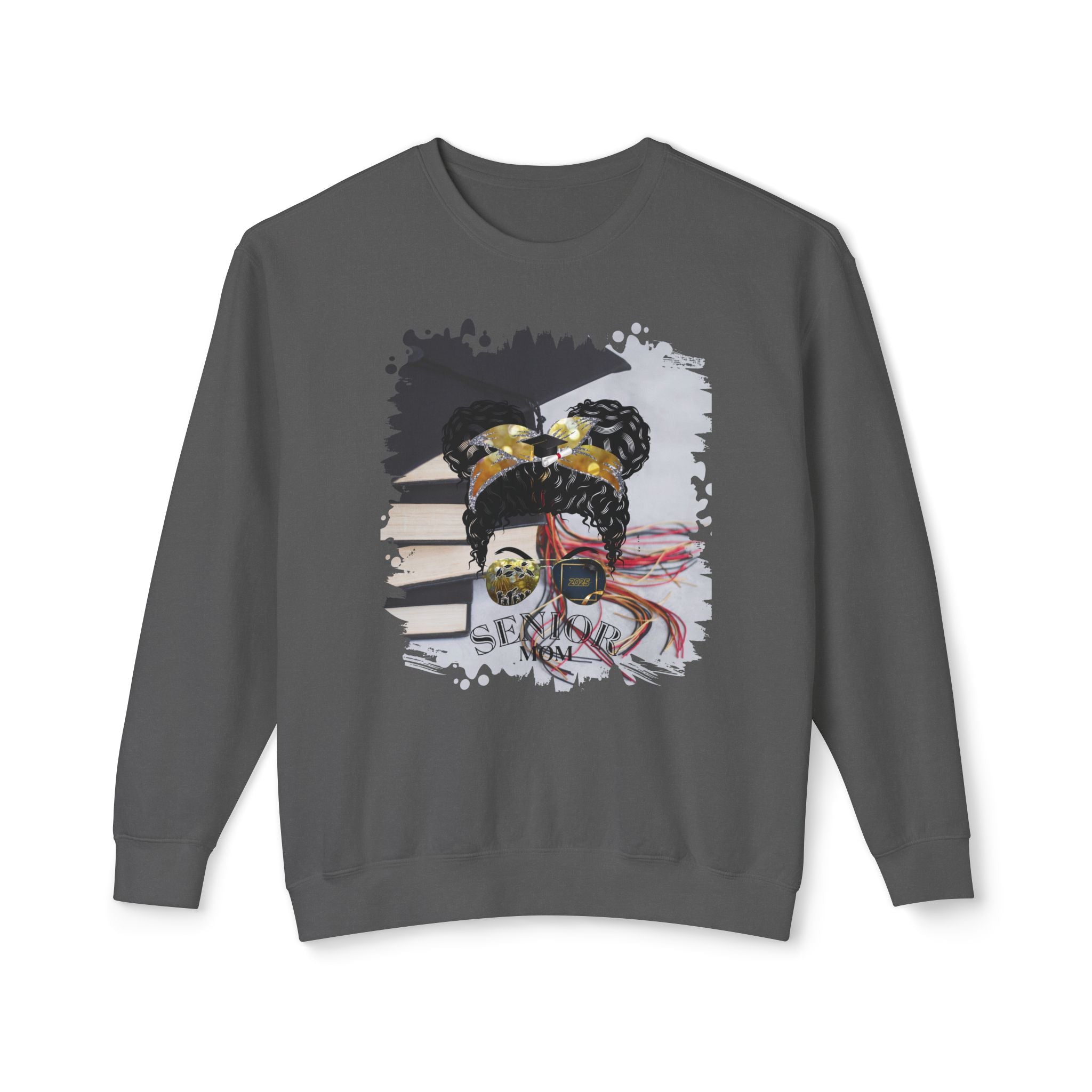 Senior Mom, Cap & Books, Black Hair Messy Bun, Unisex Lightweight Crewneck Sweatshirt