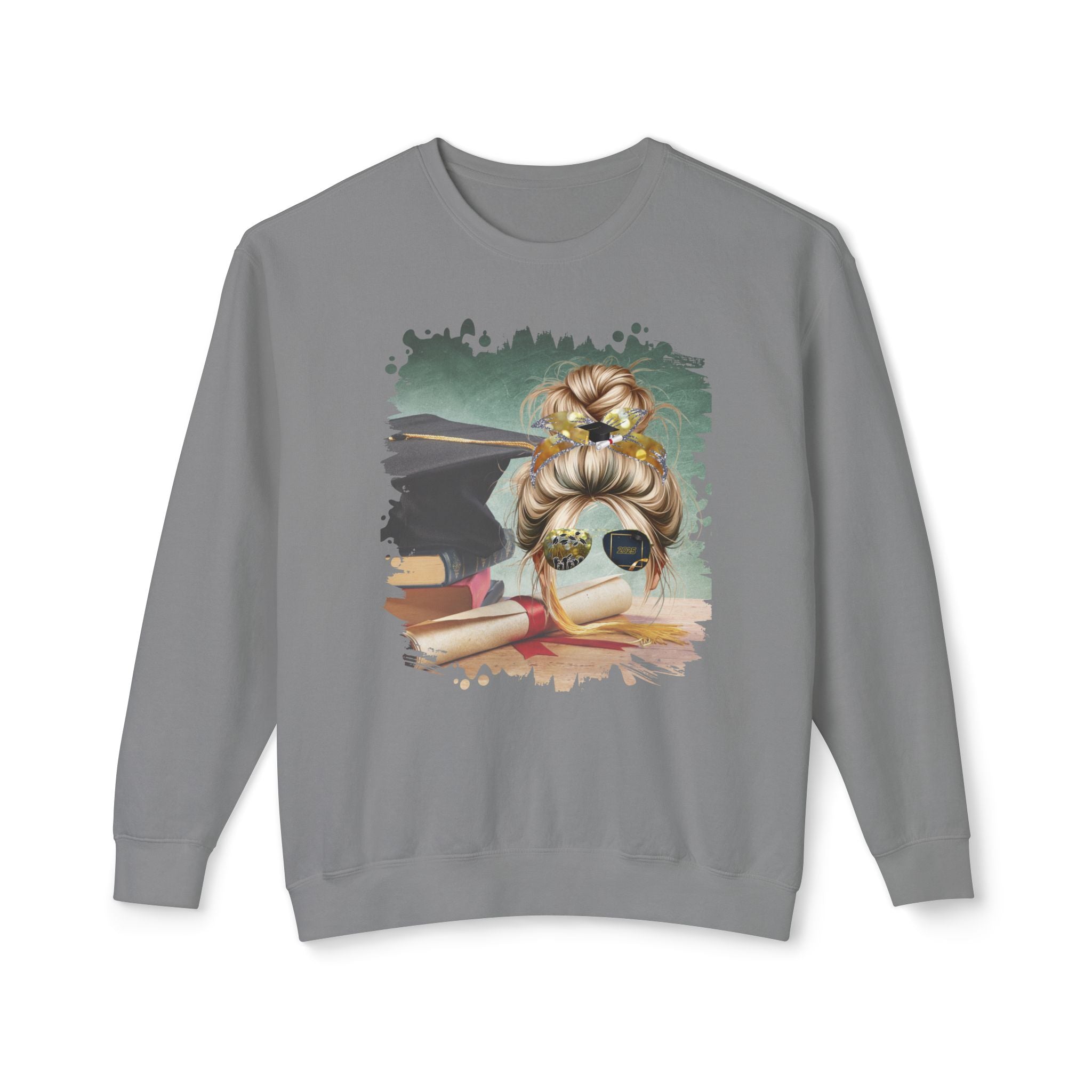 Cap & Degree/Diploma, Blond Hair Messy Bun, Unisex Lightweight Crewneck Sweatshirt