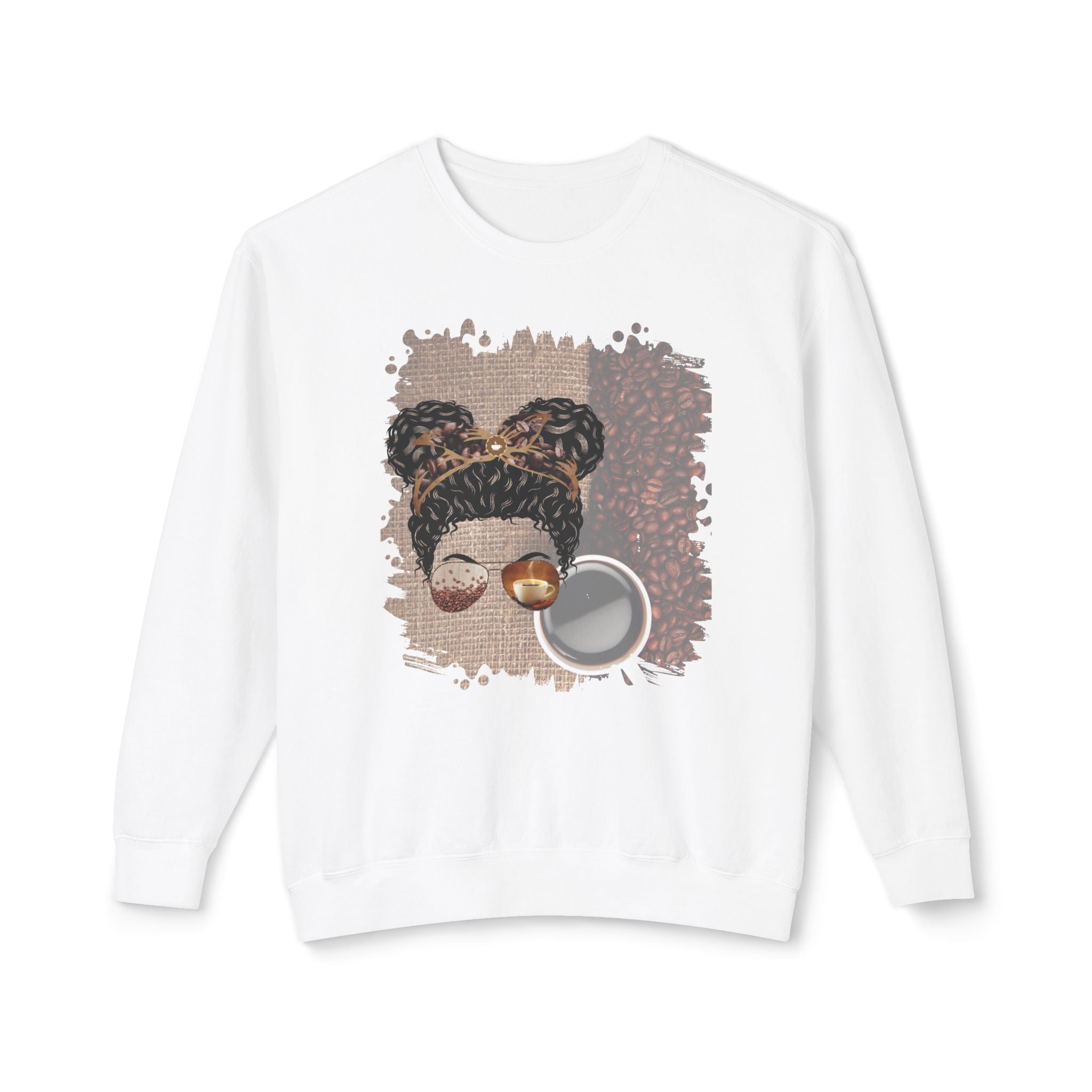 Coffee Beans Bag, Black Hair Messy Bun, Unisex Lightweight Crewneck Sweatshirt