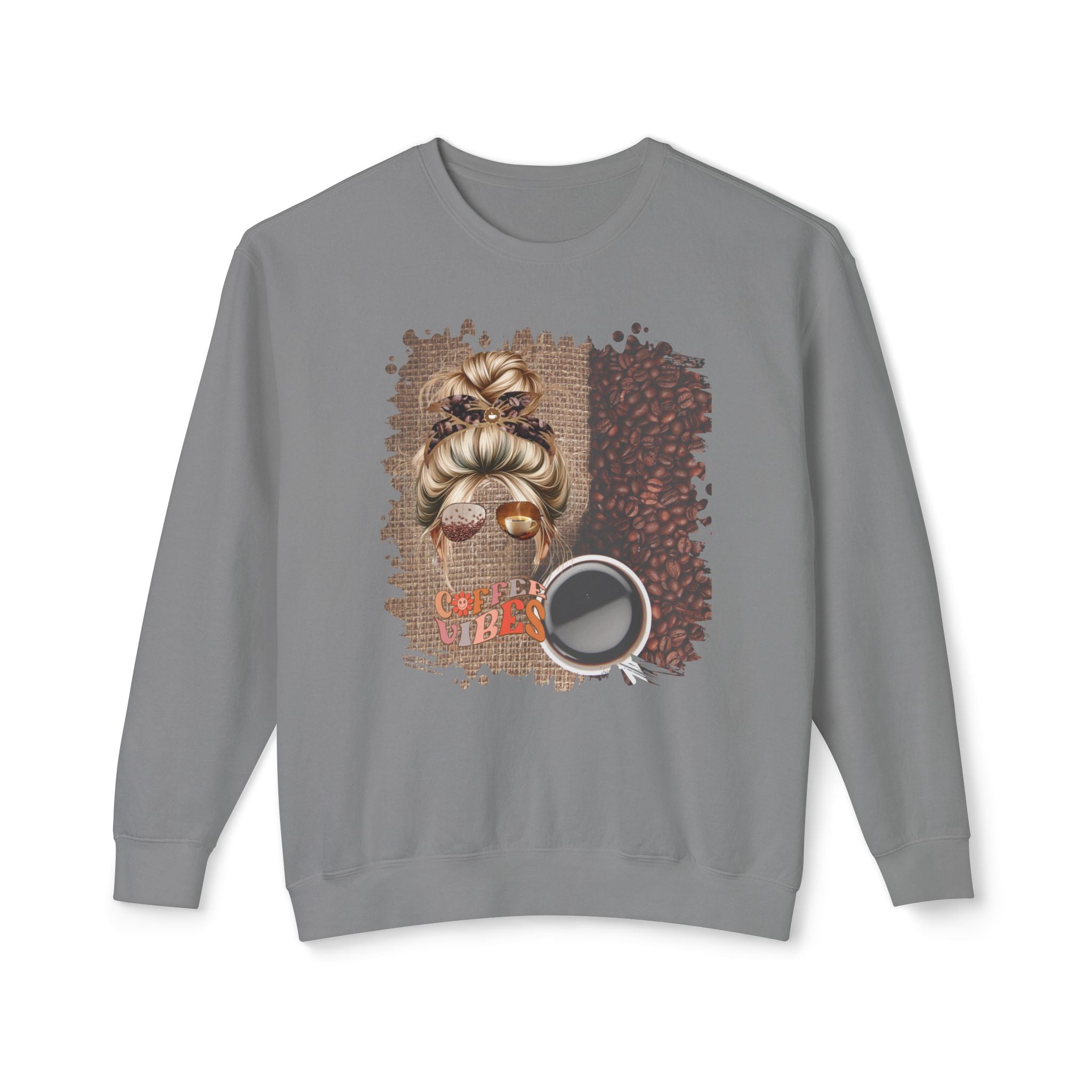 Coffee Vibes, Coffee Beans Bag, Blond Hair Messy Bun, Unisex Lightweight Crewneck Sweatshirt