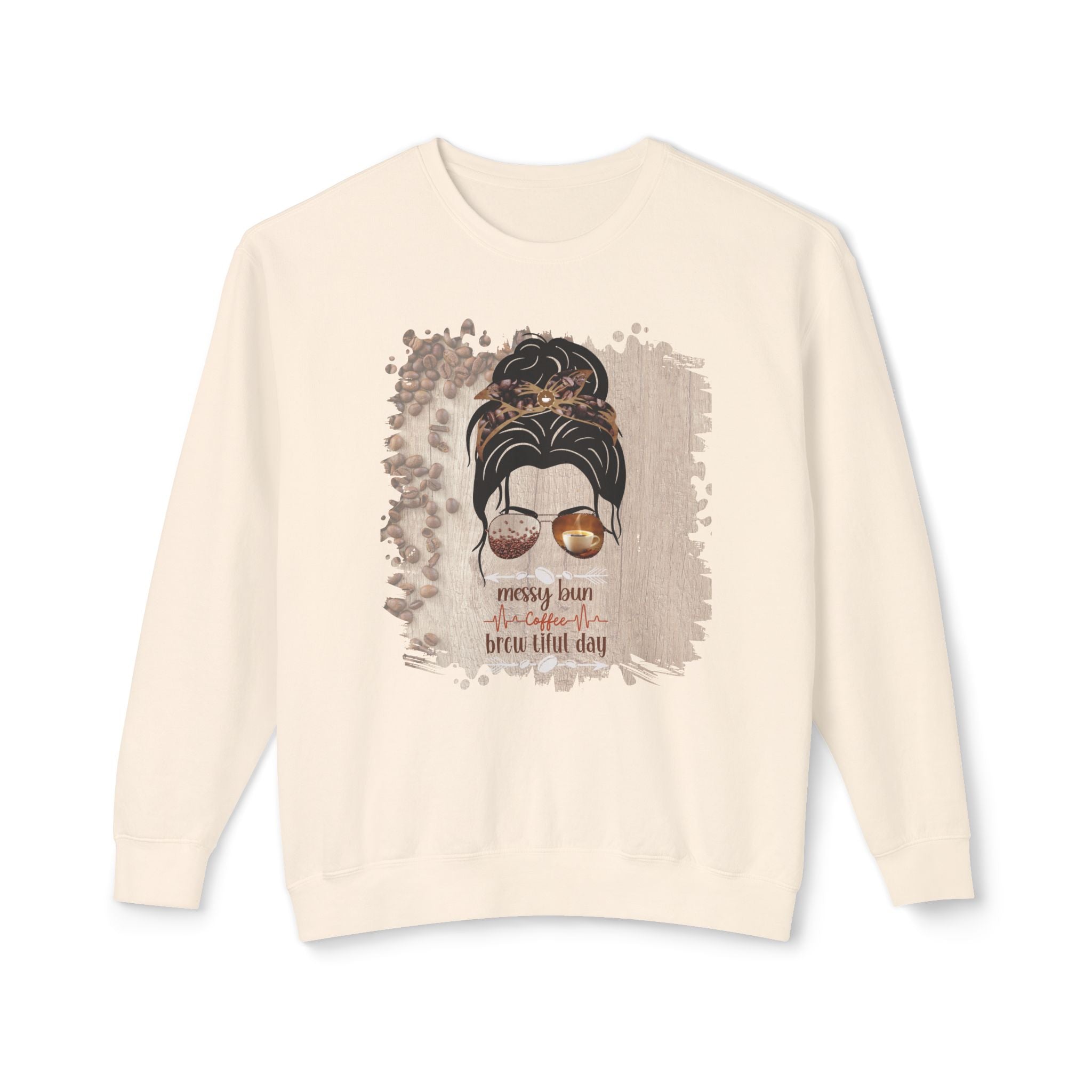 Coffee Heartbeat, Coffee Beans Table, Dark Hair Messy Bun, Unisex Lightweight Crewneck Sweatshirt