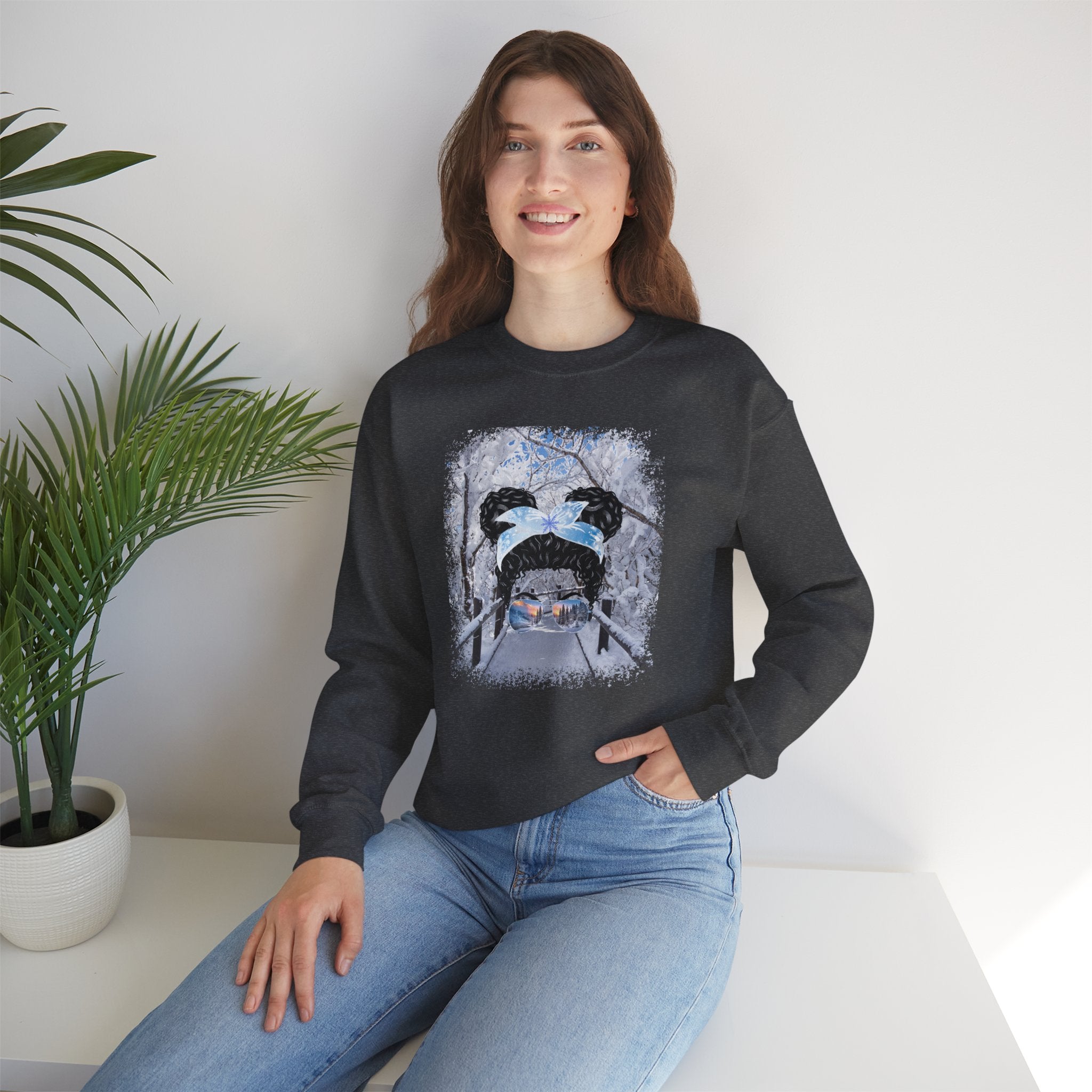 Winter Hike, Black Hair Messy Bun, Unisex Heavy Blend™ Crewneck Sweatshirt