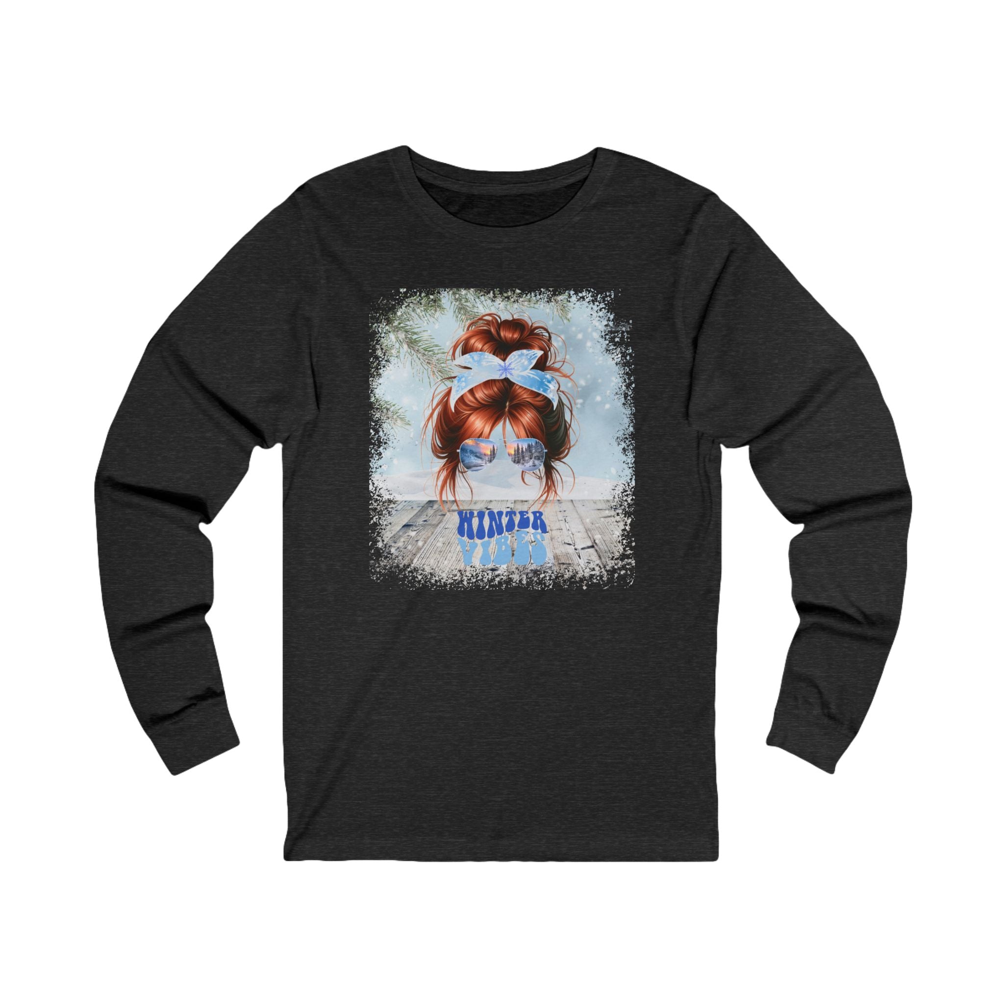 Winter Vibes Winter Snowy Porch, Red Hair Messy Bun, Unisex Jersey Long Sleeve Tee