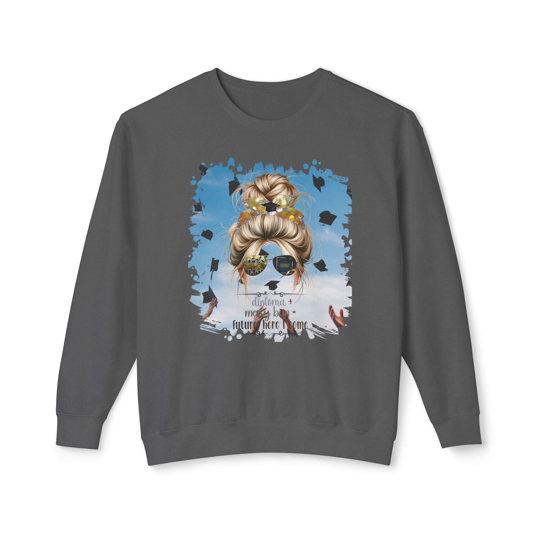 Diploma + Messy Bun, Celebration, Blond Hair Messy Bun, Unisex Lightweight Crewneck Sweatshirt