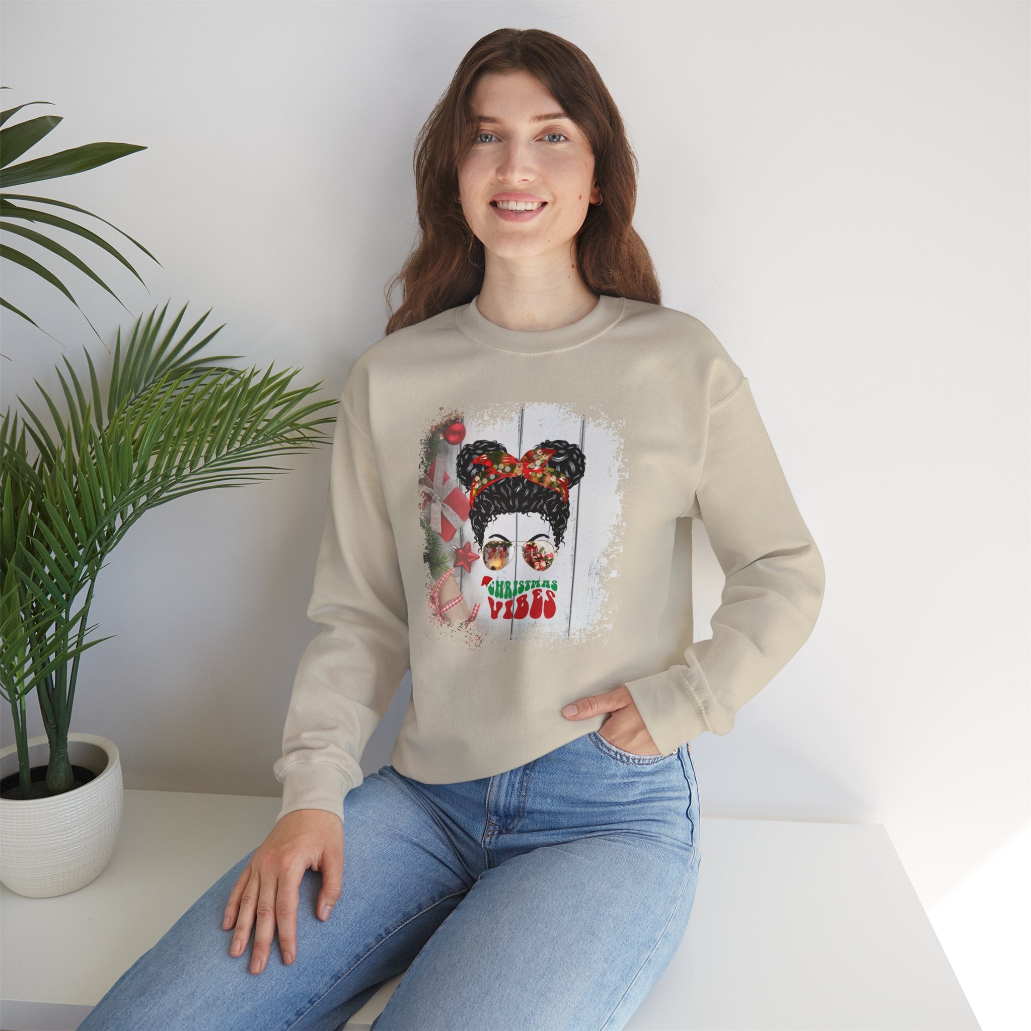 Christmas Vibes Christmas Presents, Black Hair Messy Bun, Unisex Heavy Blend™ Crewneck Sweatshirt