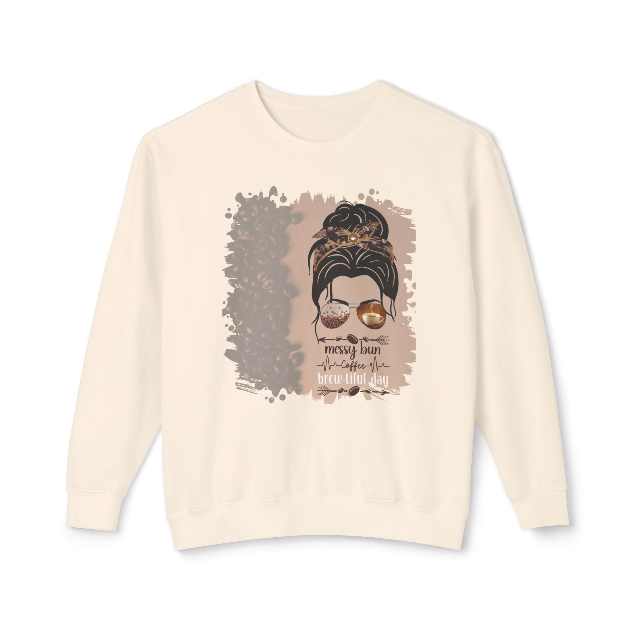Messy Bun Coffee Heartbeat, Coffee Beans Shade, Dark Hair Messy Bun, Unisex Lightweight Crewneck Sweatshirt