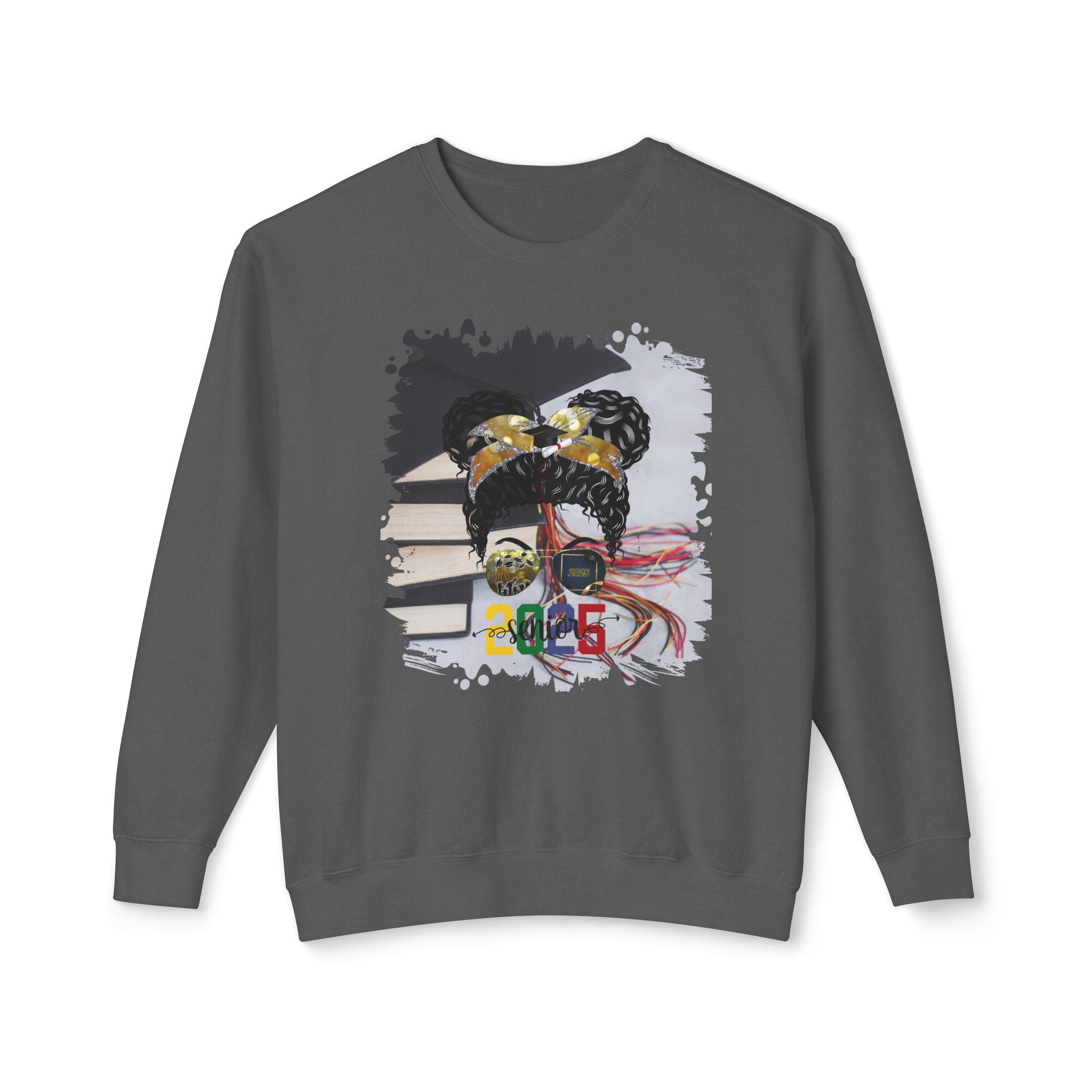 Senior 2025 Colorful, Cap & Books, Black Hair Messy Bun, Unisex Lightweight Crewneck Sweatshirt