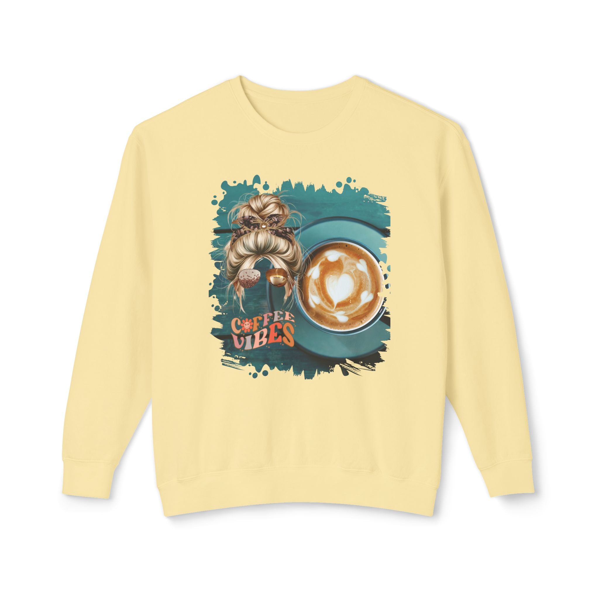 Coffee Vibes, Coffee Cup, Blond Hair Messy Bun, Unisex Lightweight Crewneck Sweatshirt