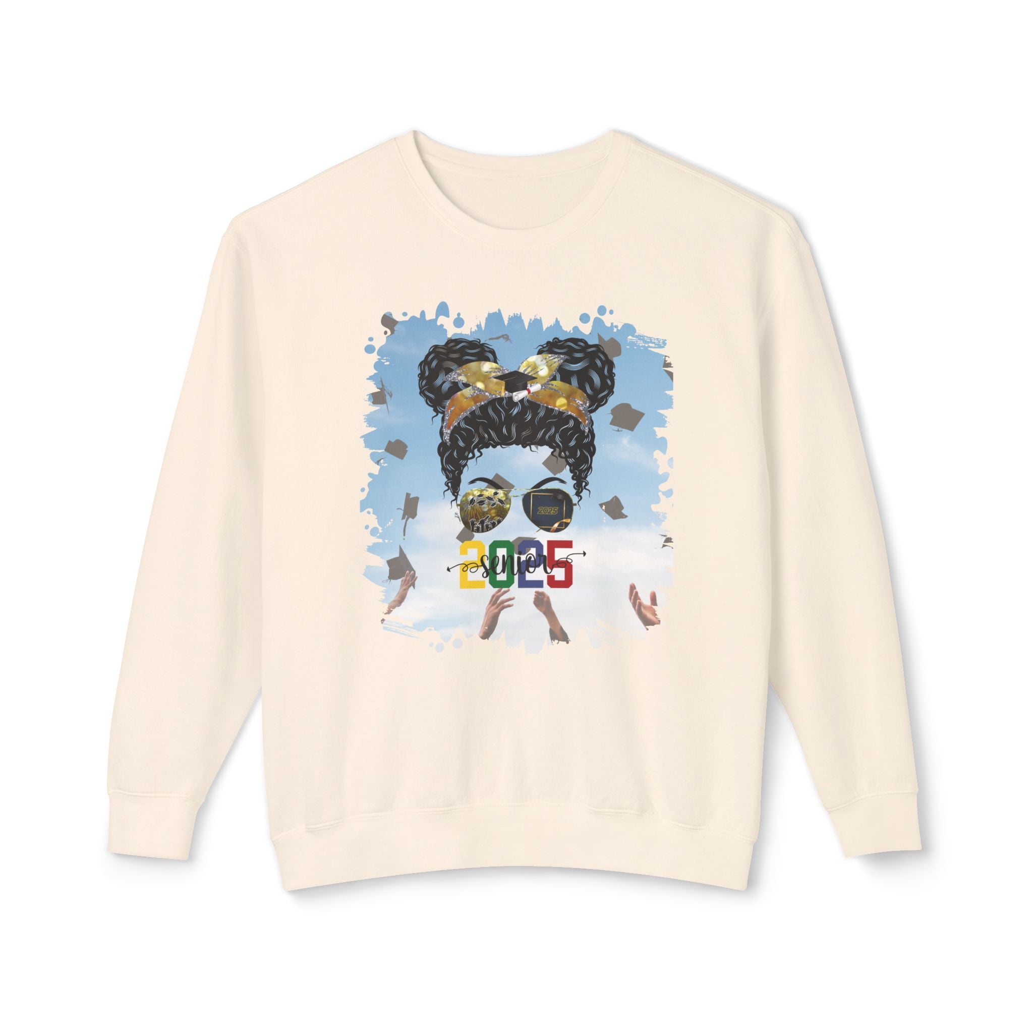 Senior 2025 Colorful, Celebration, Black Hair Messy Bun, Unisex Lightweight Crewneck Sweatshirt