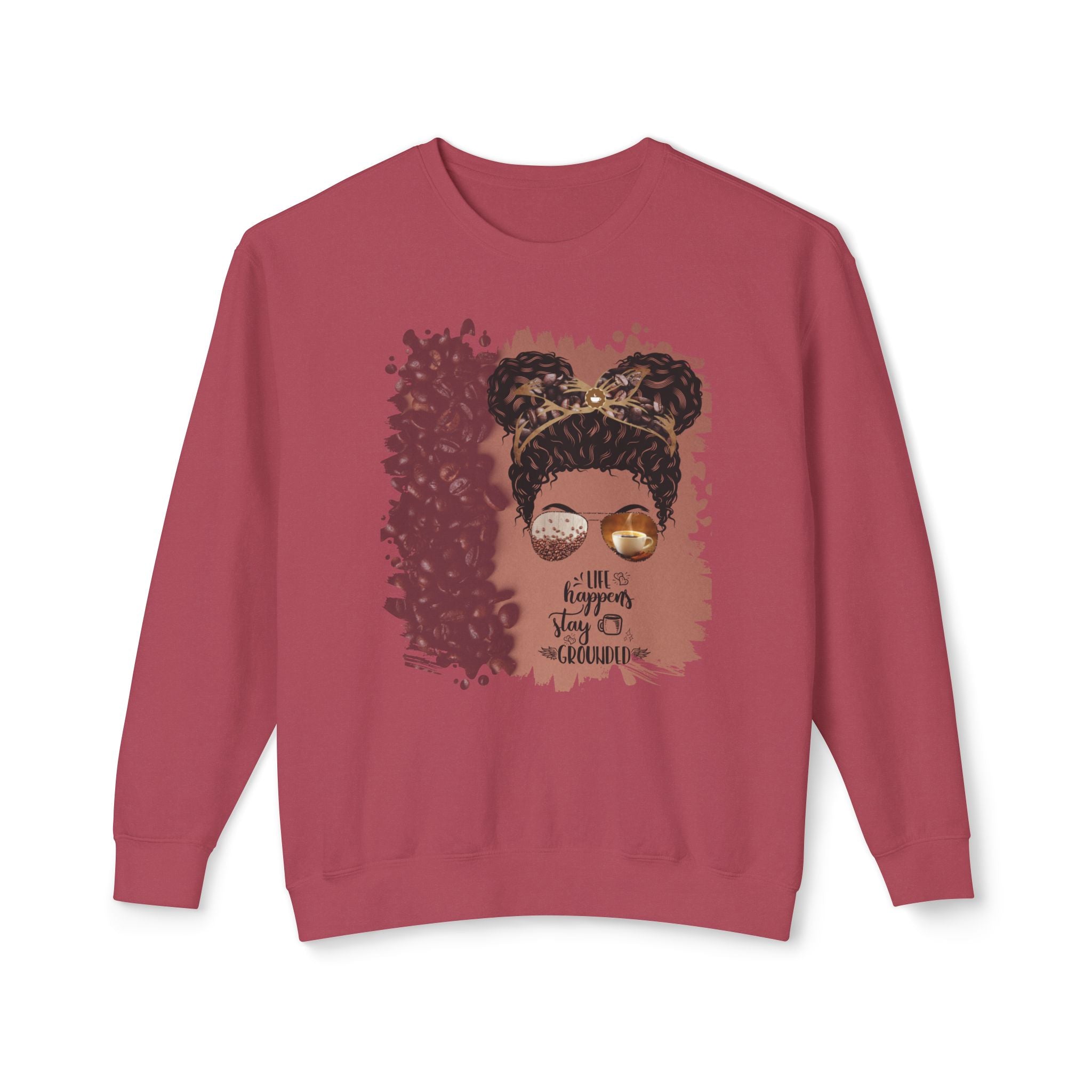 Stay Grounded, Coffee Beans Shade, Black Hair Messy Bun, Unisex Lightweight Crewneck Sweatshirt