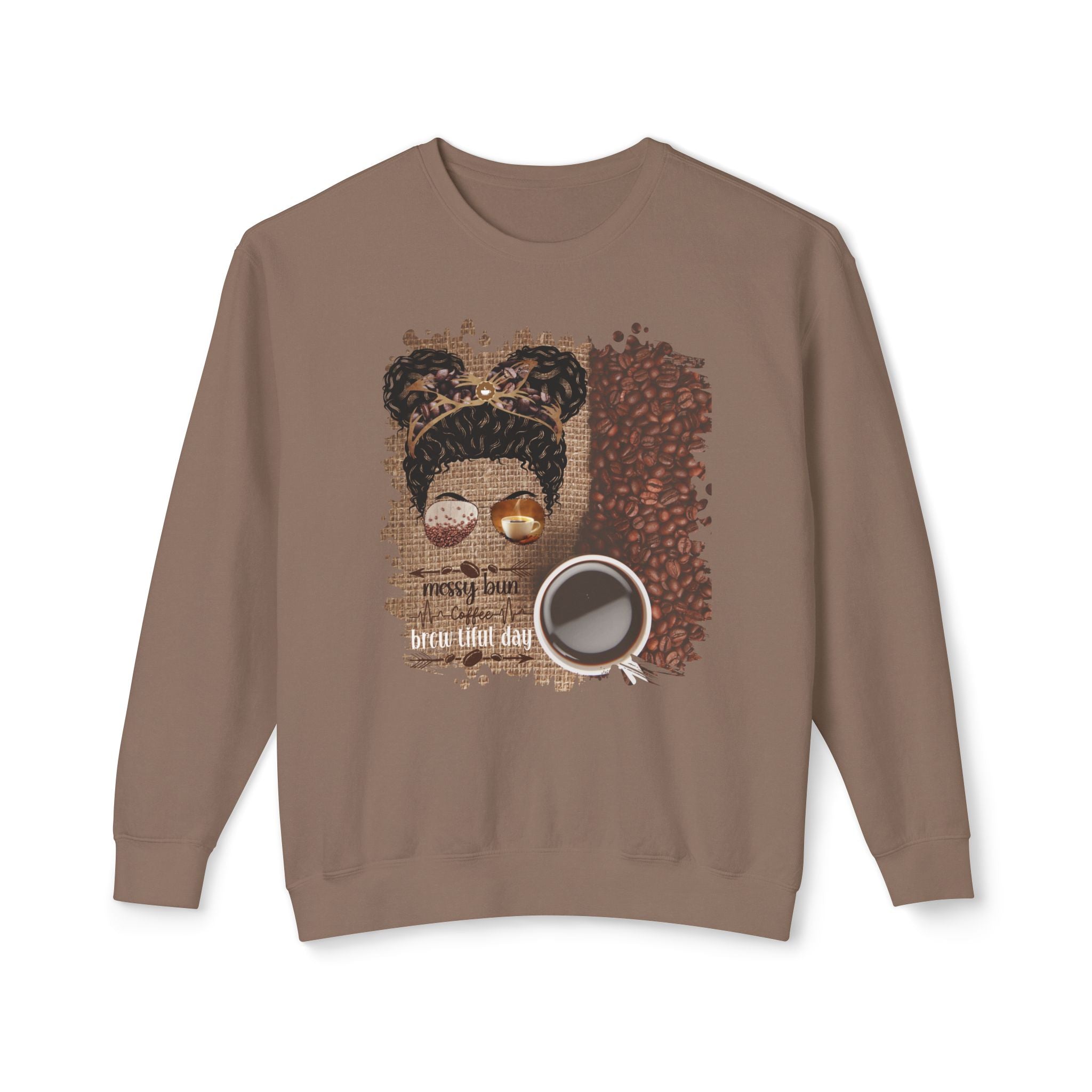 Coffee Heartbeat, Coffee Beans Bag, Black Hair Messy Bun, Unisex Lightweight Crewneck Sweatshirt