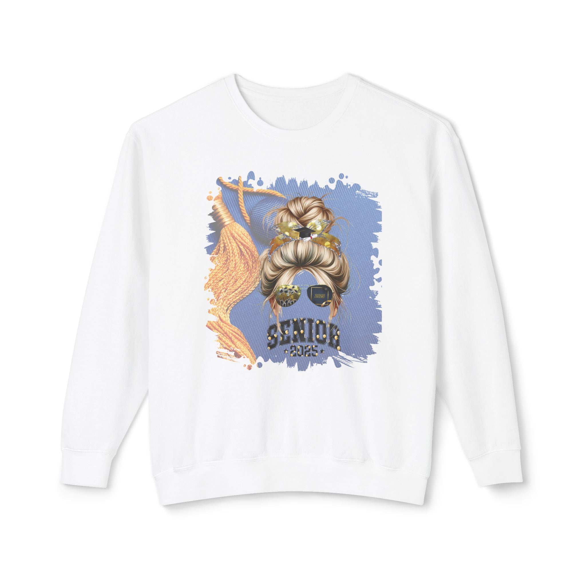 Senior 2025 Balloons, Graduation Cap, Blond Hair Messy Bun, Unisex Lightweight Crewneck Sweatshirt