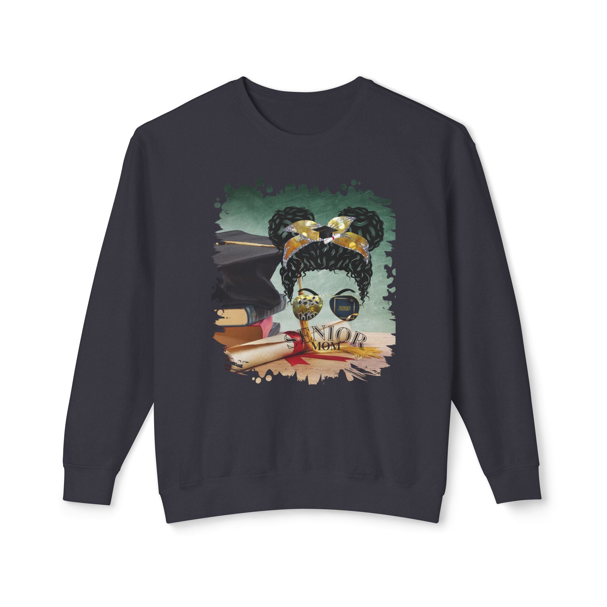 Senior Mom, Cap & Degree/Diploma, Black Hair Messy Bun, Unisex Lightweight Crewneck Sweatshirt