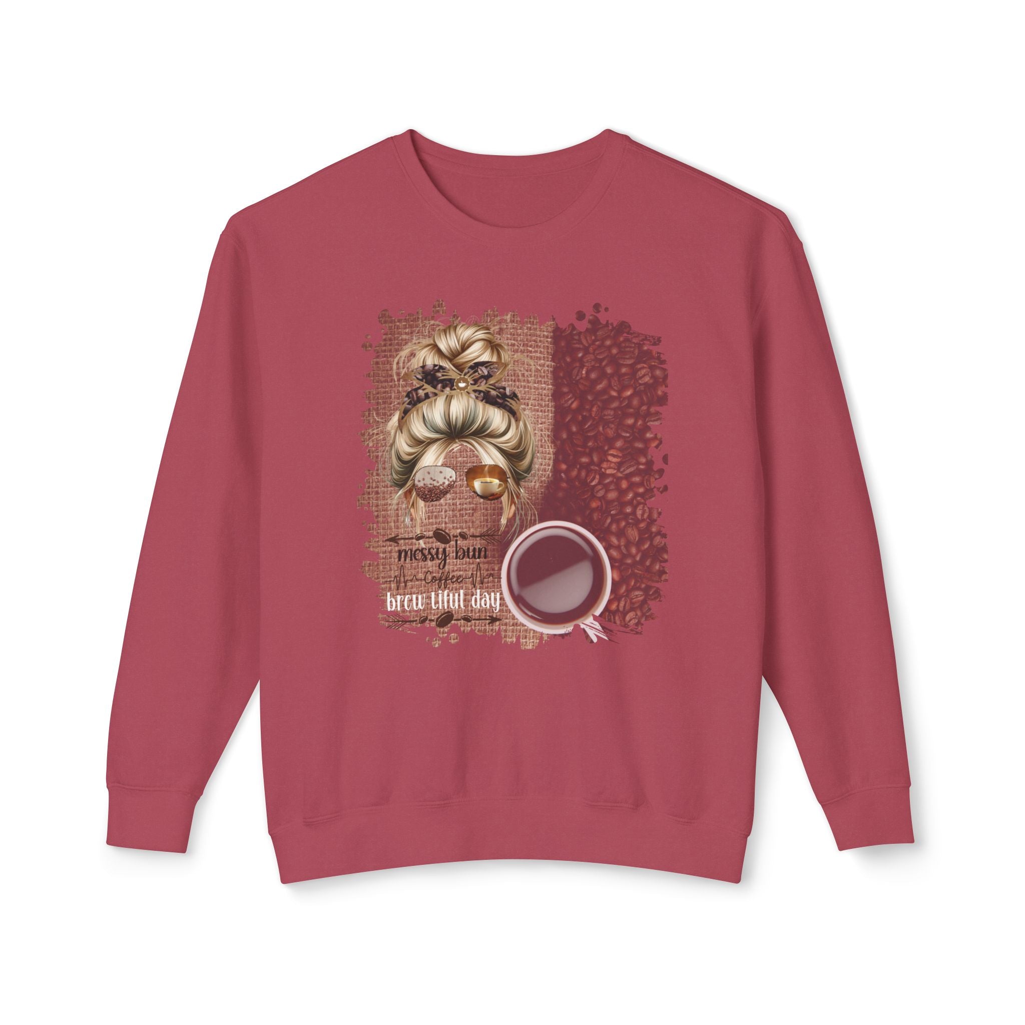 Coffee Heartbeat, Coffee Beans Bag, Blond Hair Messy Bun, Unisex Lightweight Crewneck Sweatshirt