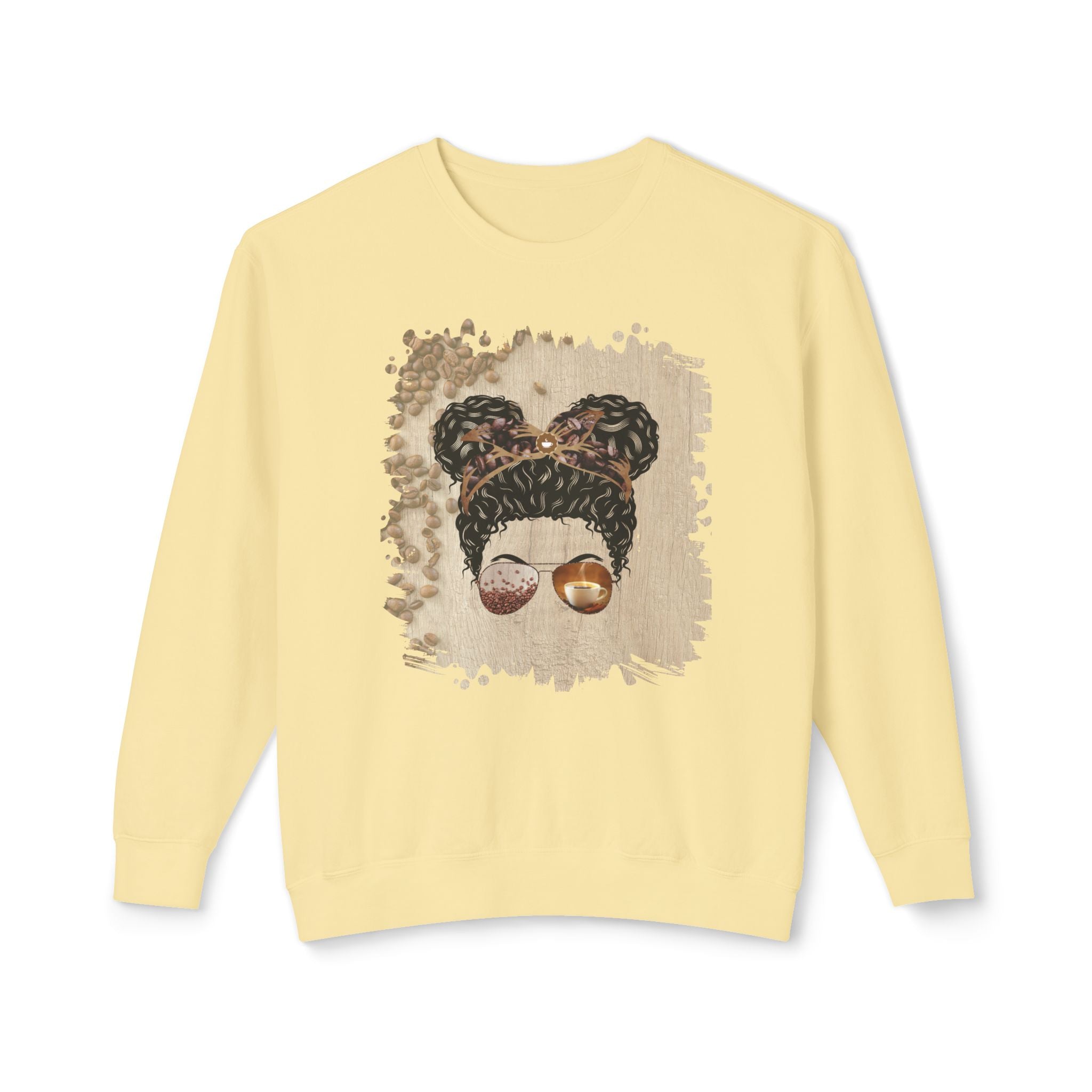 Coffee Beans Table, Black Hair Messy Bun, Unisex Lightweight Crewneck Sweatshirt