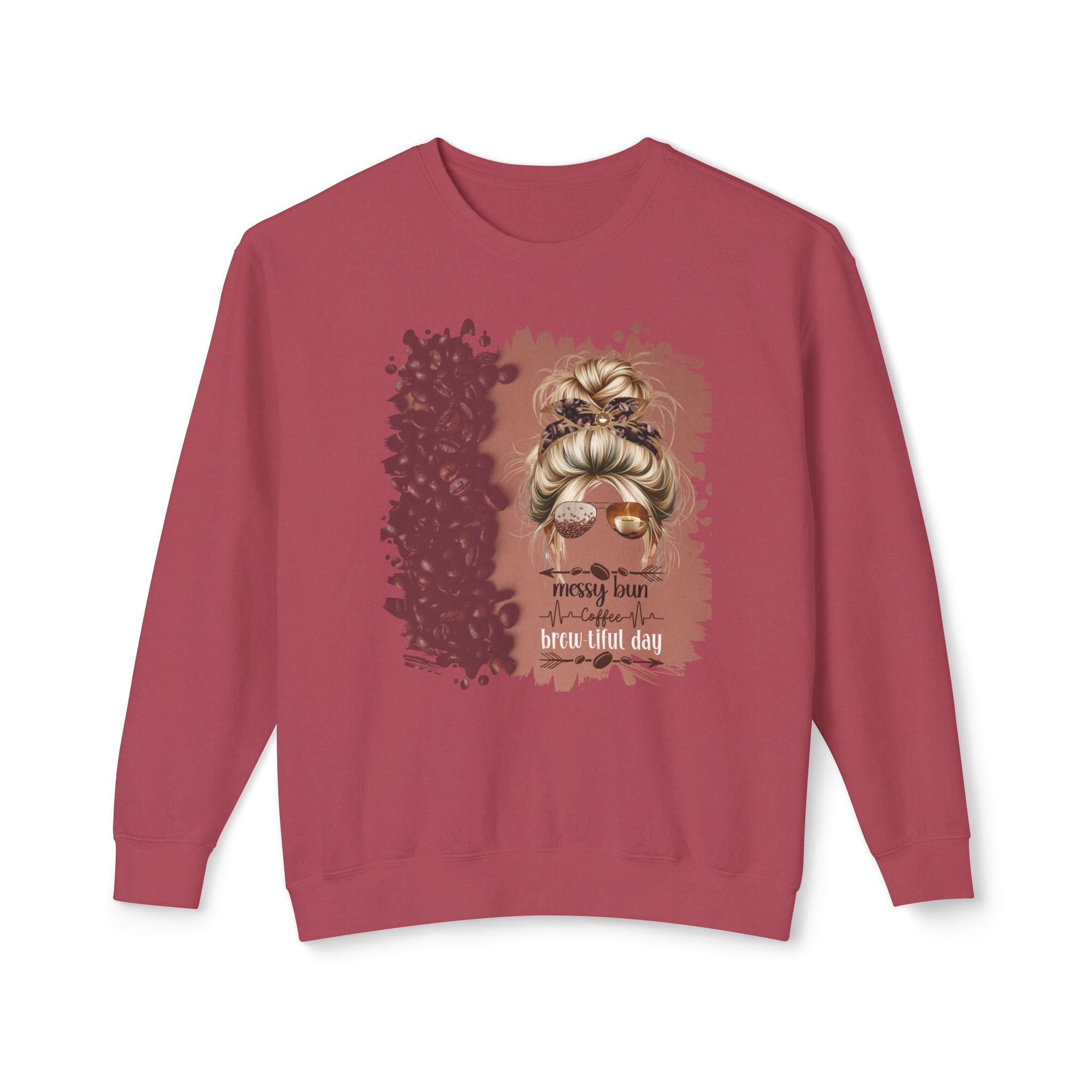 Messy Bun Coffee Heartbeat, Coffee Beans Shade, Blond Hair Messy Bun, Unisex Lightweight Crewneck Sweatshirt