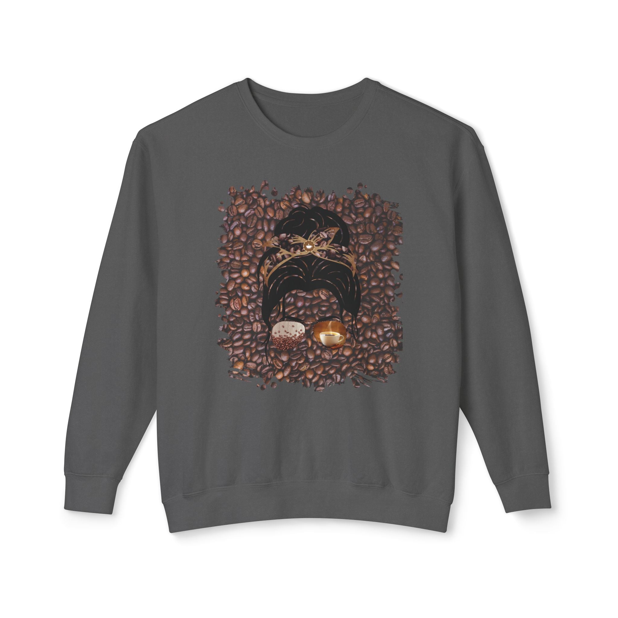 Coffee Beans, Dark Hair Messy Bun, Unisex Lightweight Crewneck Sweatshirt