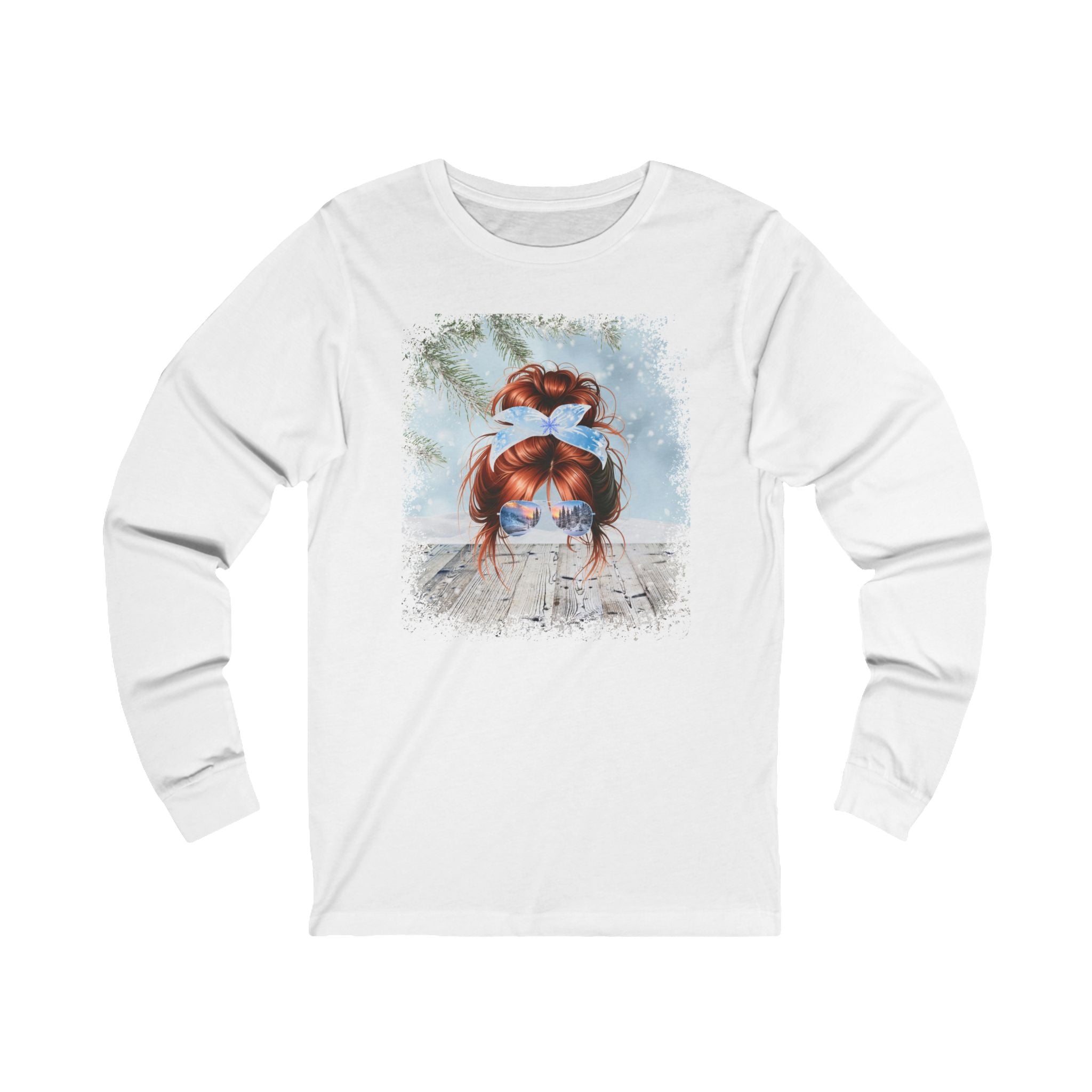 Winter Snowy Porch, Red Hair Messy Bun, Unisex Jersey Long Sleeve Tee