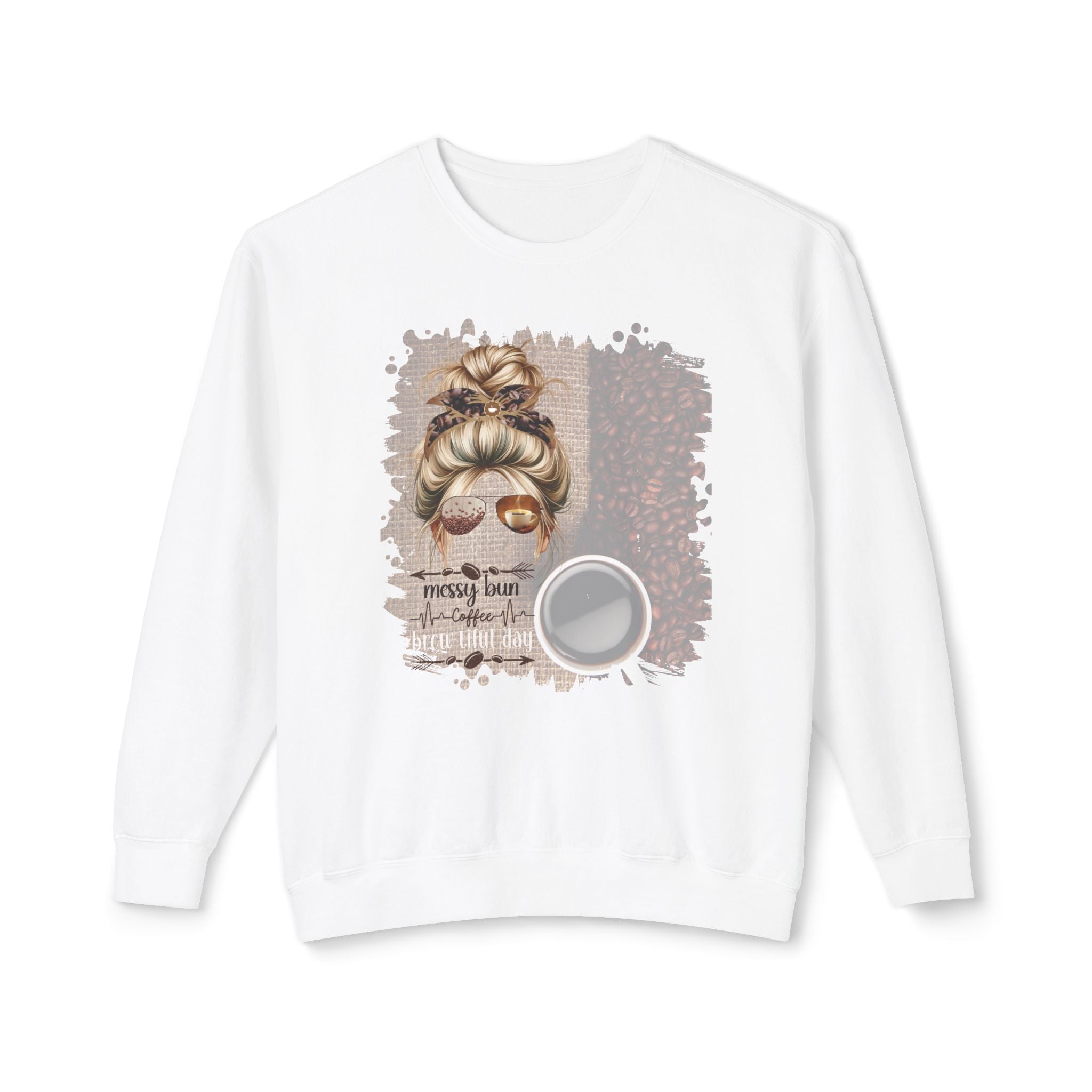 Coffee Heartbeat, Coffee Beans Bag, Blond Hair Messy Bun, Unisex Lightweight Crewneck Sweatshirt