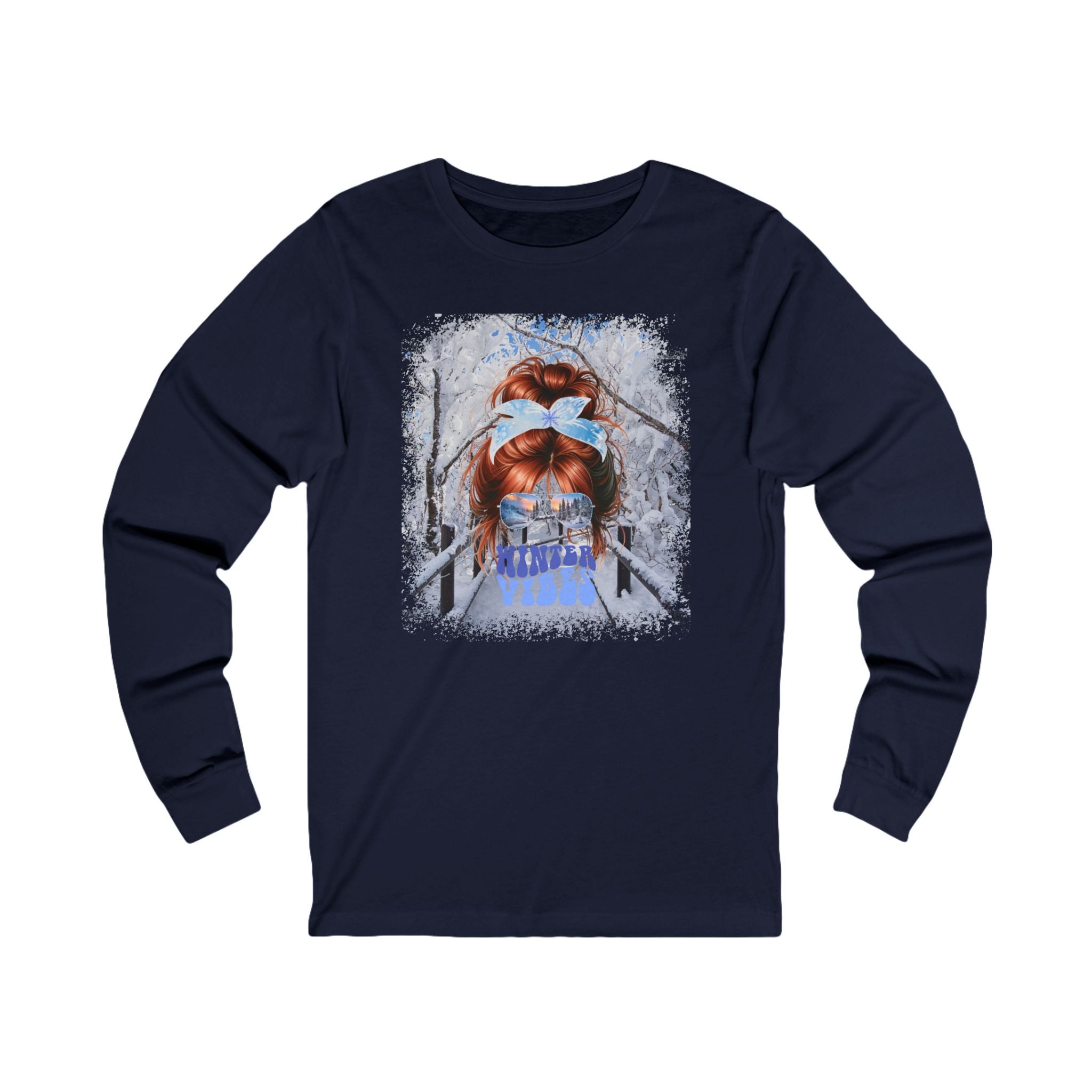 Winter Vibes Winter Hike, Red Hair Messy Bun, Unisex Jersey Long Sleeve Tee