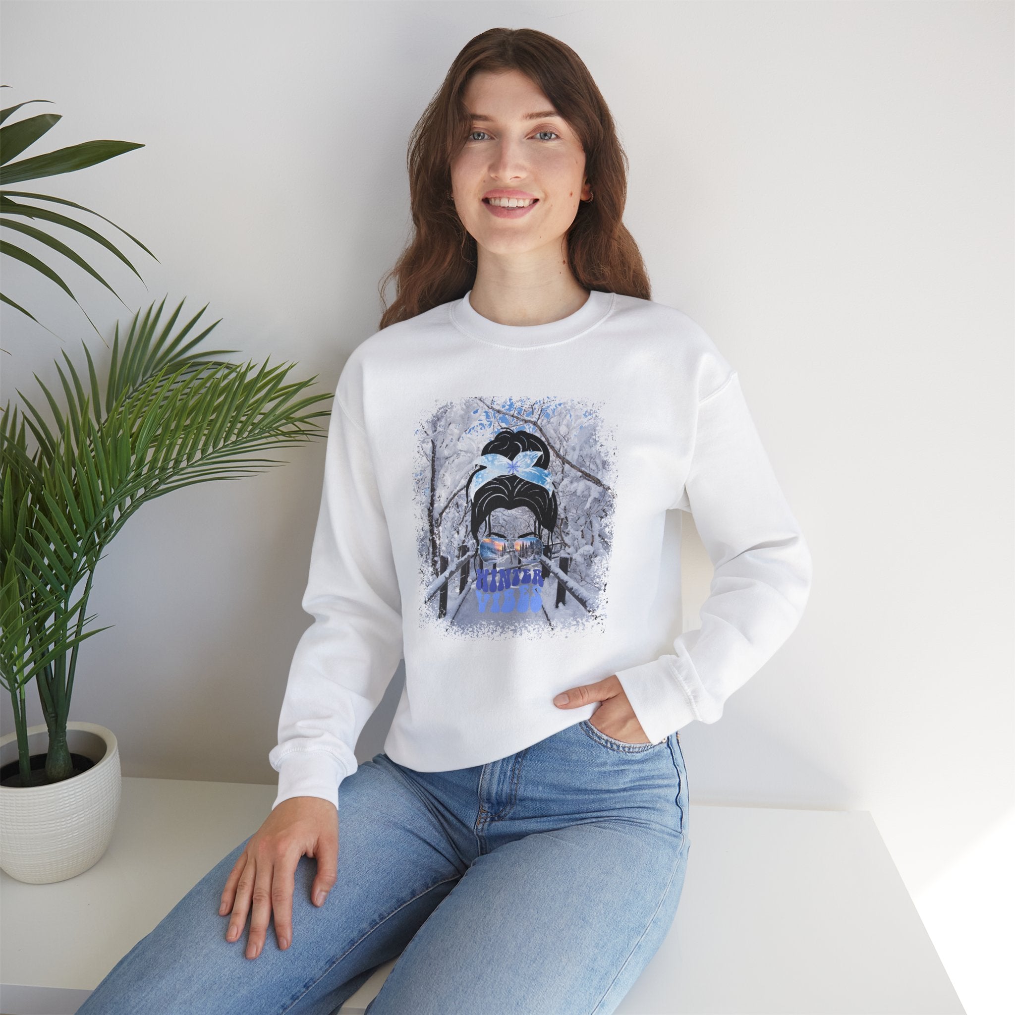 Winter Vibes Winter Hike, Dark Hair Messy Bun, Unisex Heavy Blend™ Crewneck Sweatshirt