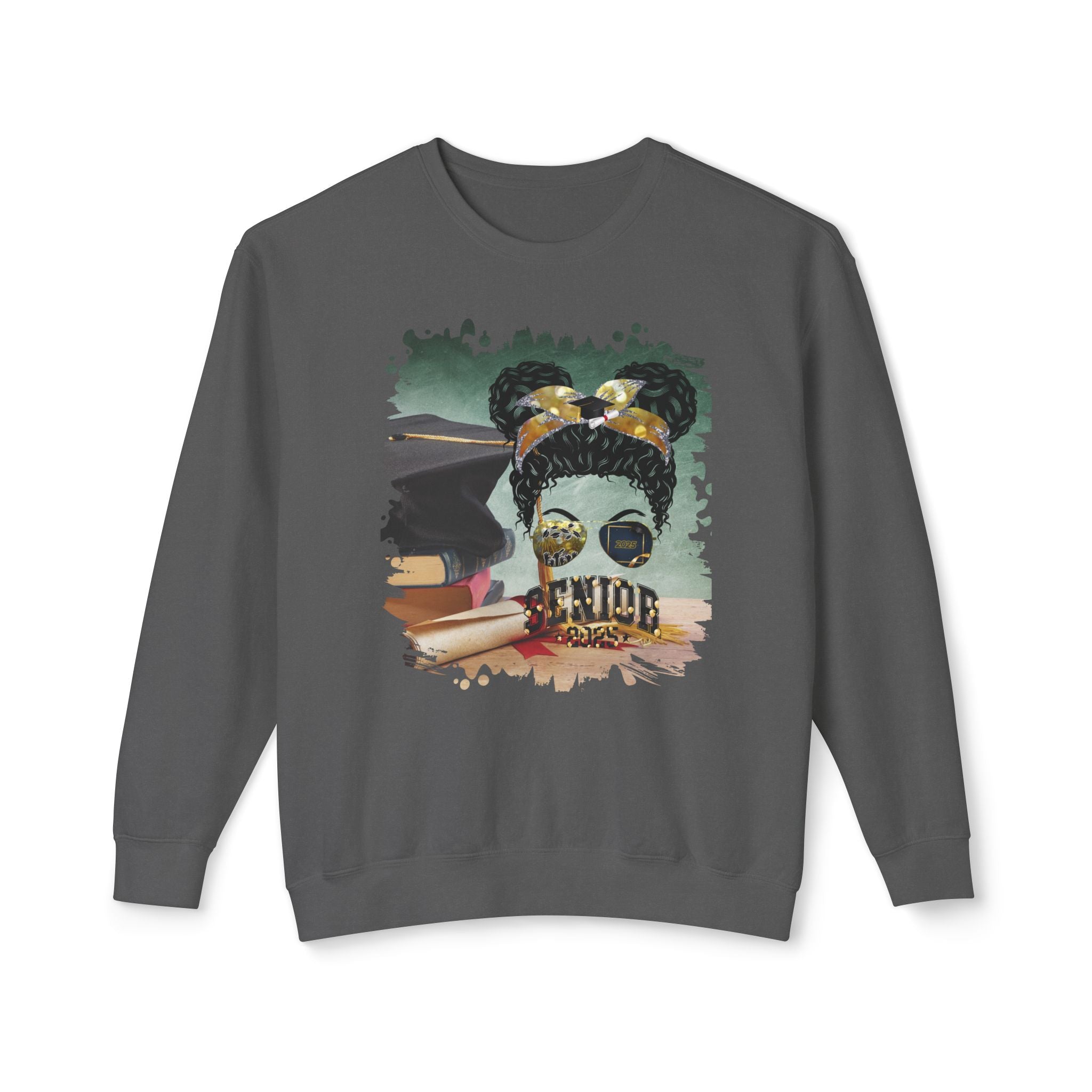 Senior 2025 Balloons, Cap & Degree/Diploma, Black Hair Messy Bun, Unisex Lightweight Crewneck Sweatshirt