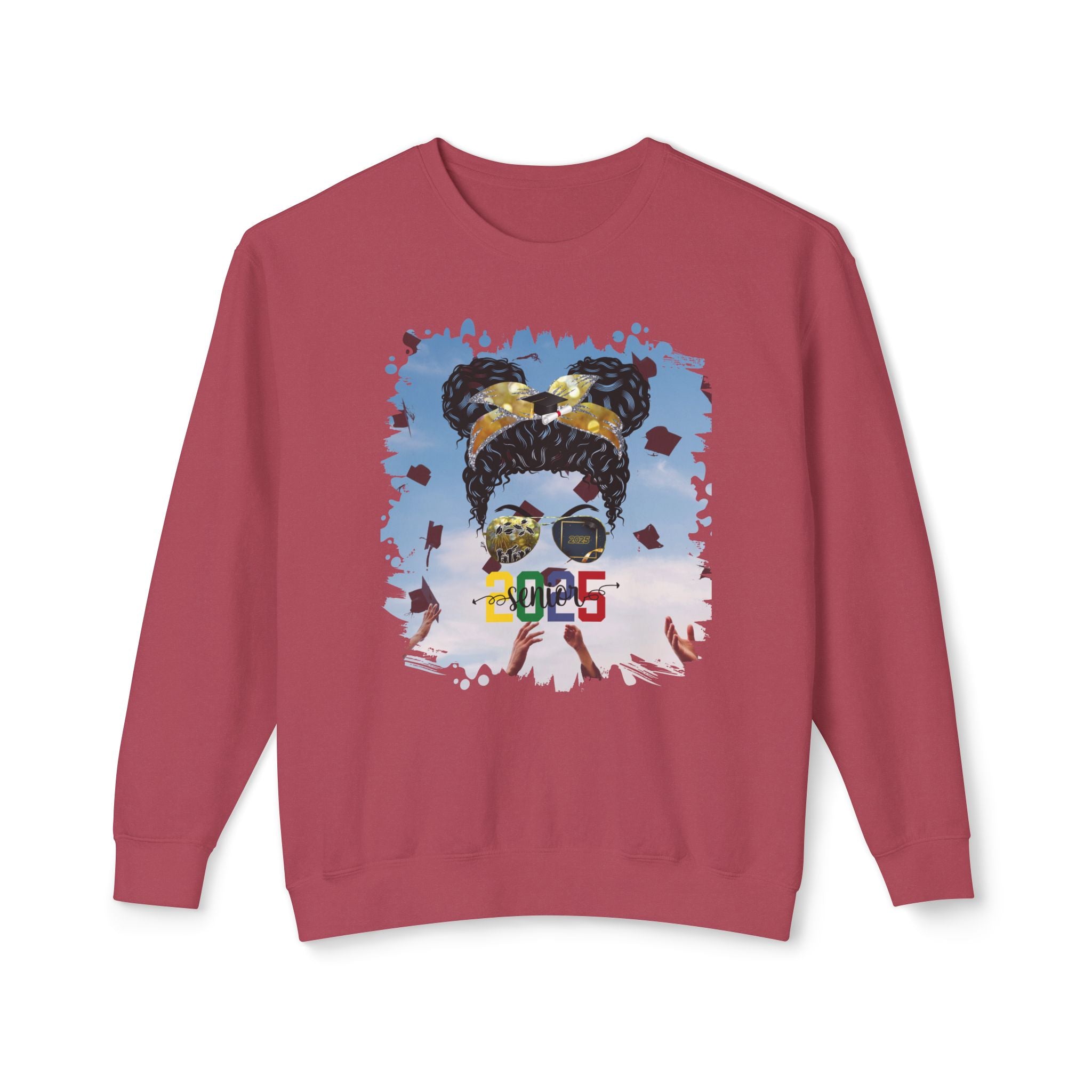 Senior 2025 Colorful, Celebration, Black Hair Messy Bun, Unisex Lightweight Crewneck Sweatshirt