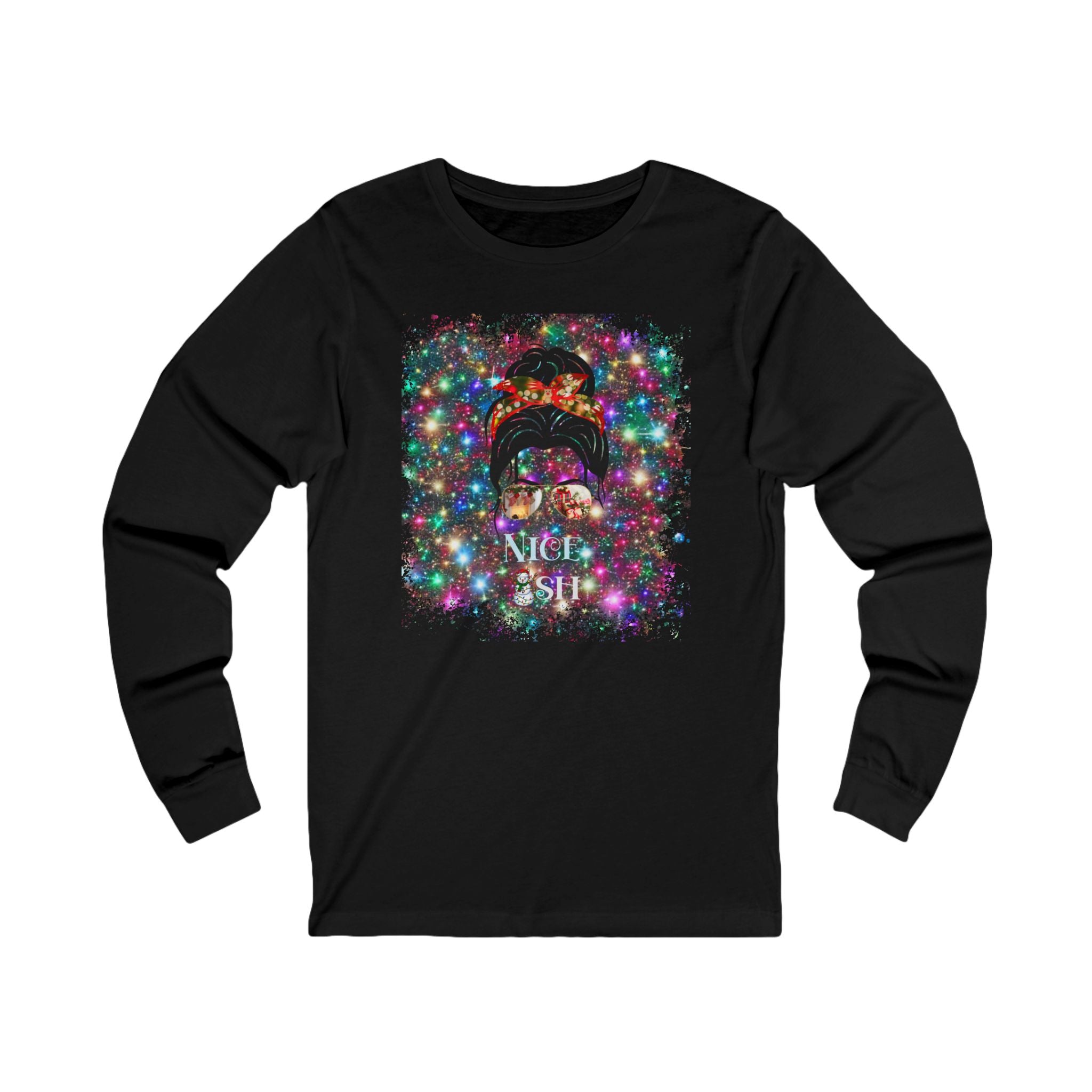 Nice-ish Christmas Lights, Dark Hair Messy Bun, Unisex Jersey Long Sleeve Tee